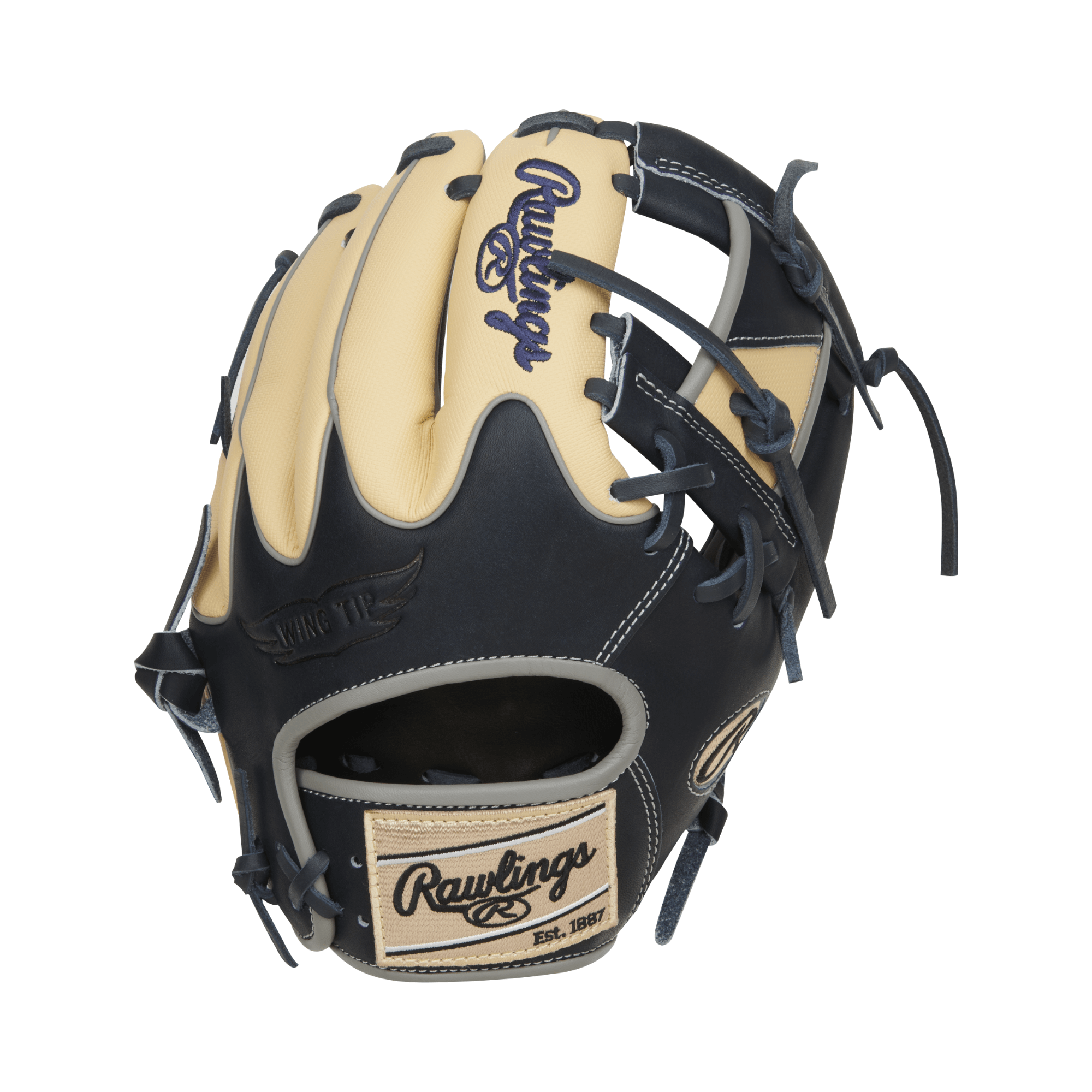 Rawlings Heart Of the Hide Color Sync 8.0 baseball glove in camel and navy, 11.5-inch, with Wing-Tip welting design.