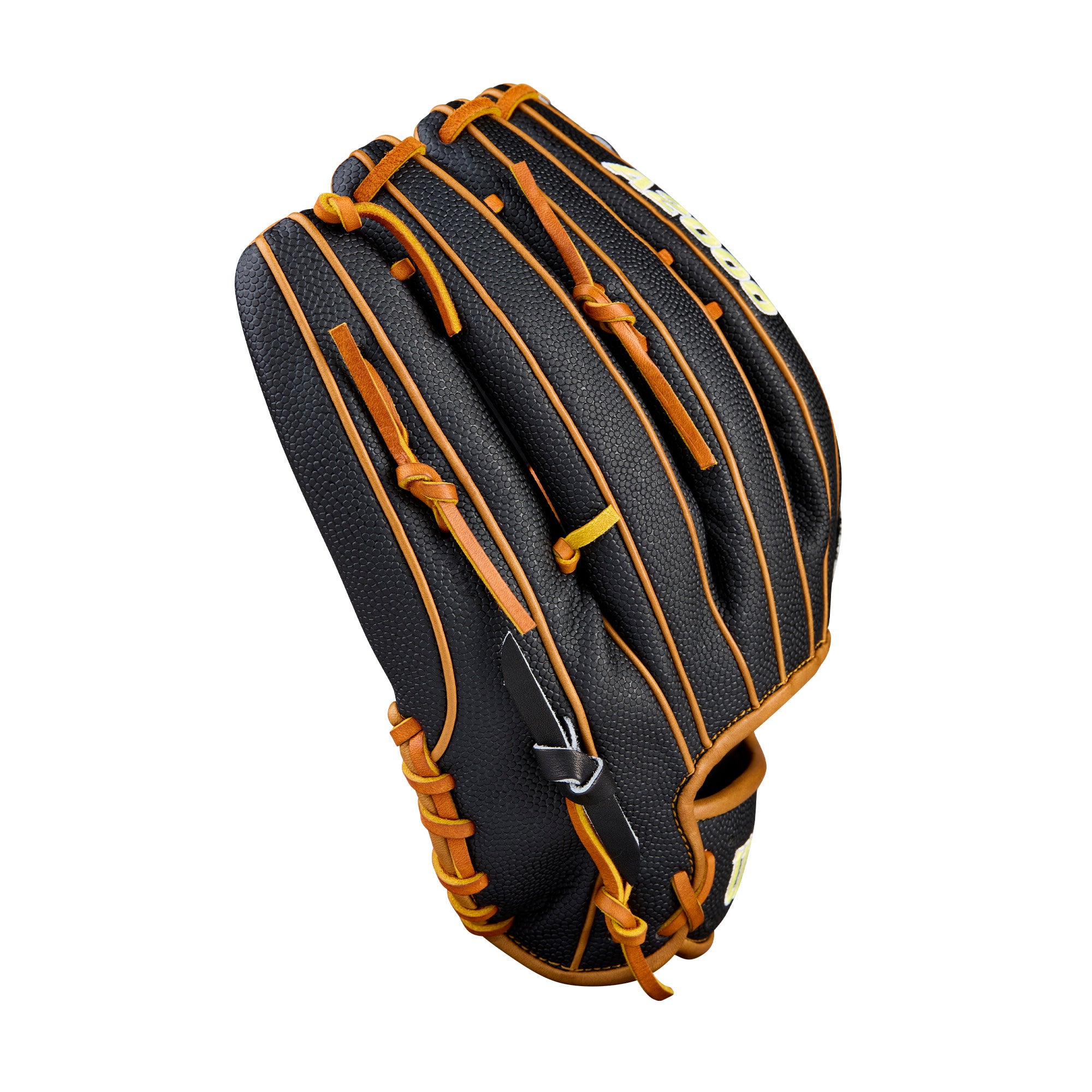 Wilson 2026 A2000 Classics Series B125SS 12.5” Pitcher Baseball Glove, black with brown lacing, side view.