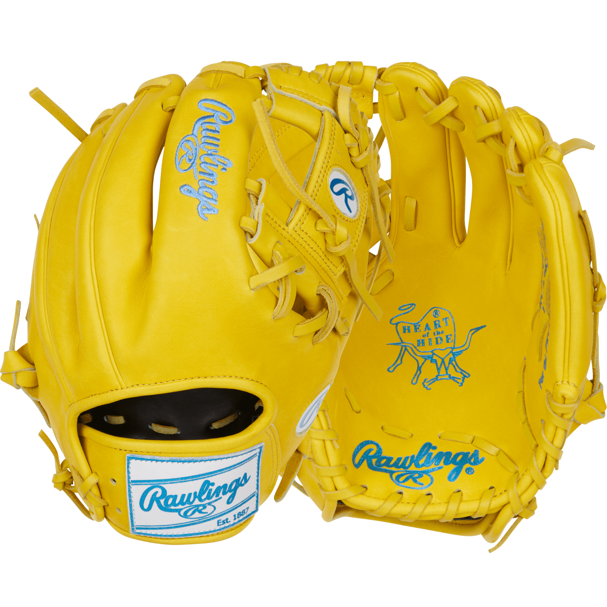 Back and palm view of Rawlings 11.5'' Colorsync Infield Glove in bright yellow with blue accents