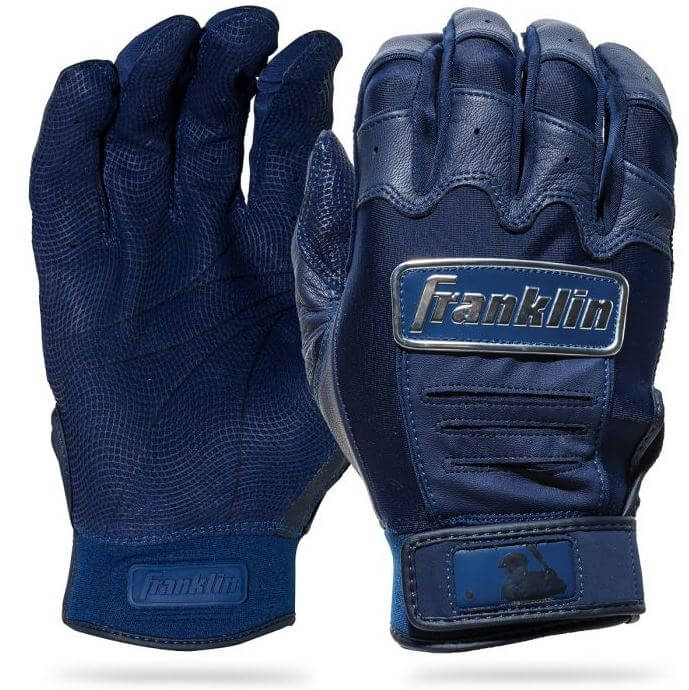 Franklin CFX Pro Chrome Series batting gloves in navy with Pittards leather palm and chrome accents.