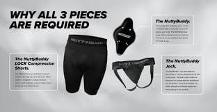 NuttyBuddy Cup, LOCK compression shorts, and jock with text detailing benefits against a light background.