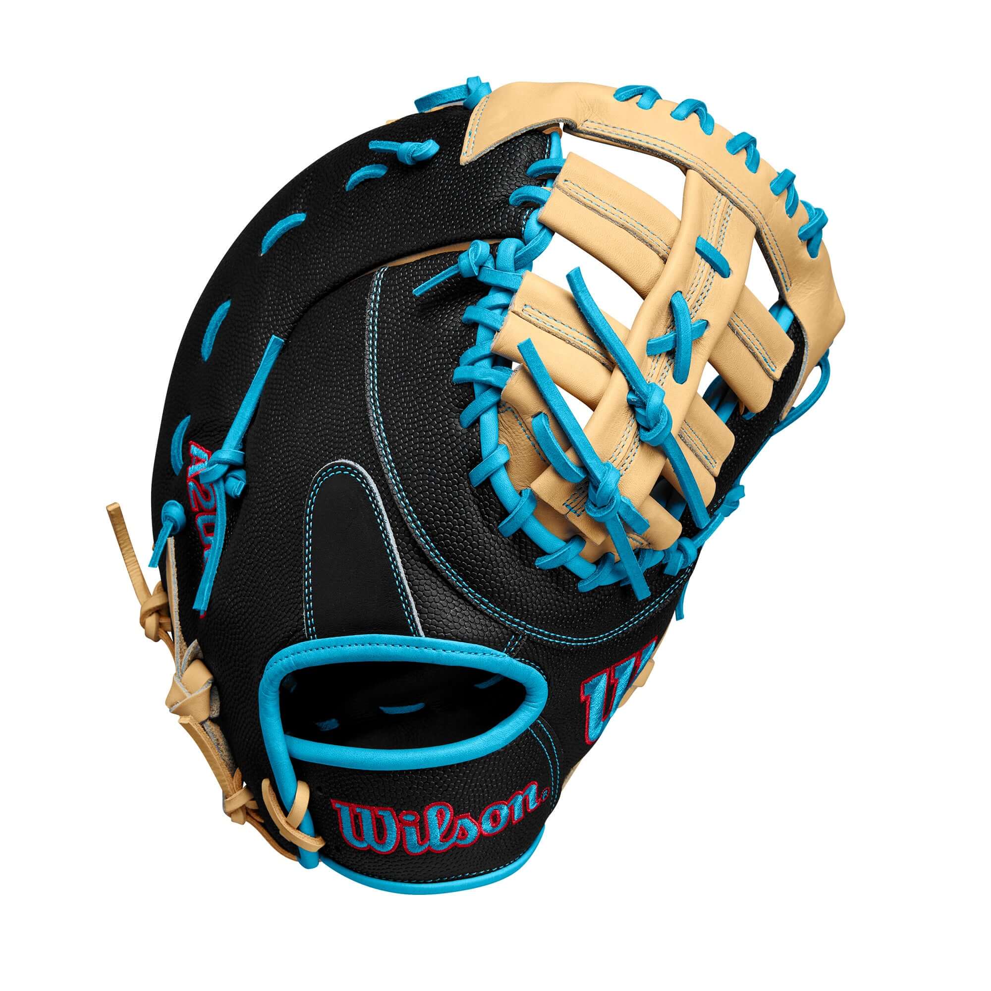 Wilson A2000 1679SS baseball first base mitt in black and blonde leather, featuring a Single Post Web design.