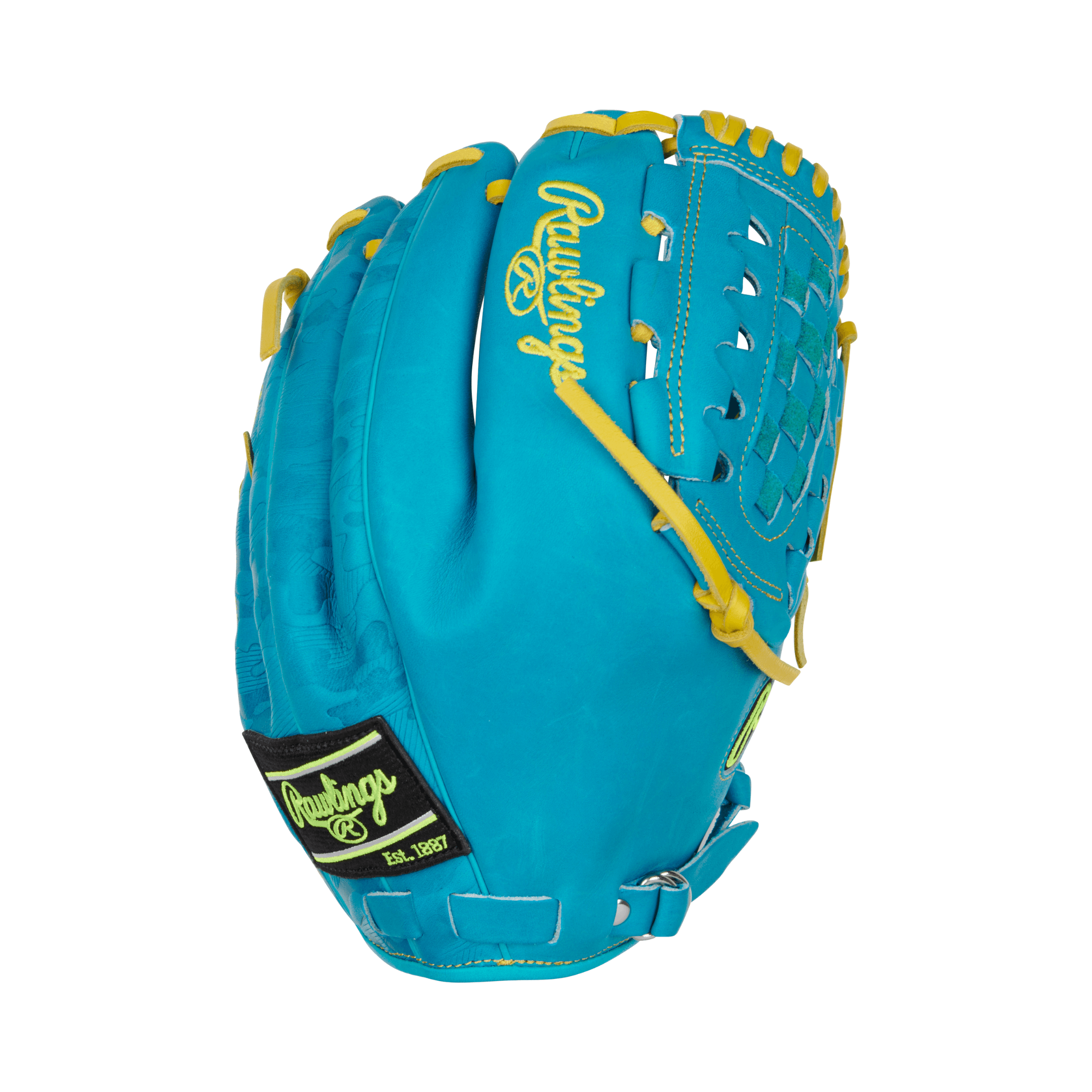 Back view of the Rawlings Colorsync glove with closed back design and topographic stamped leather shell.