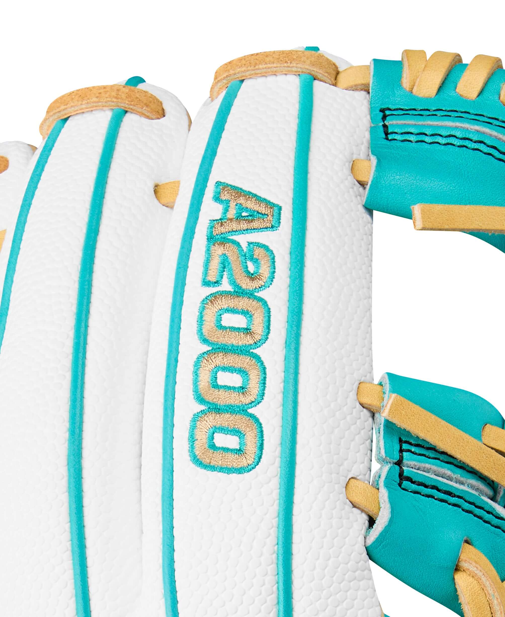 Close-up of the Wilson A2000 H12SS glove close up of sticking and A2000 logo.