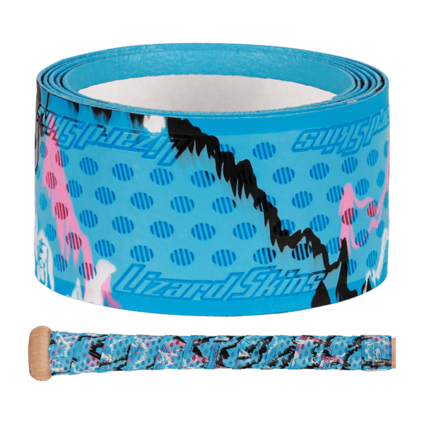 Lizard Skins DSP Ultra Bat Grip - 1.1 mm, rolled view, showing blue, pink, and black pattern with logo.