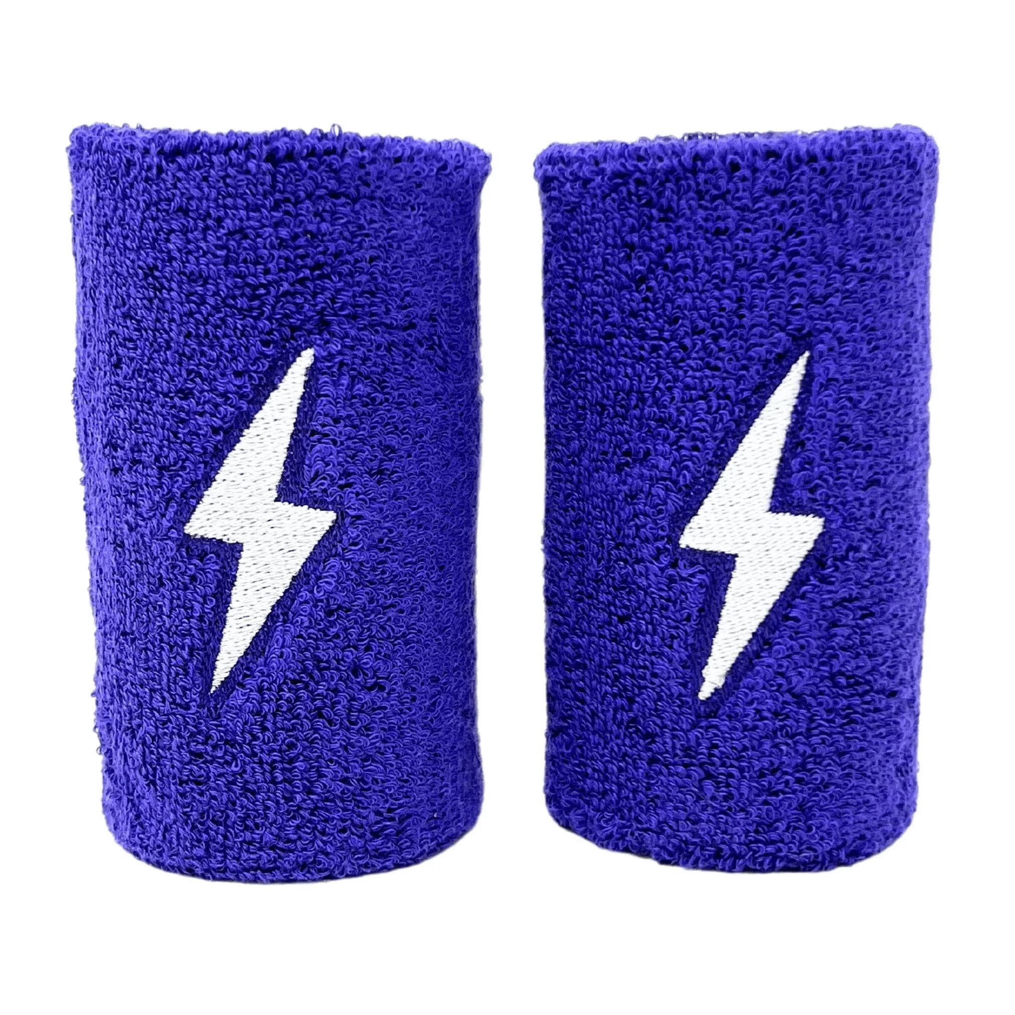 Bruce Bolt Premium Pro Wrist Bands in purple with lightning bolt design, made from soft terry cloth for maximum sweat absorption.