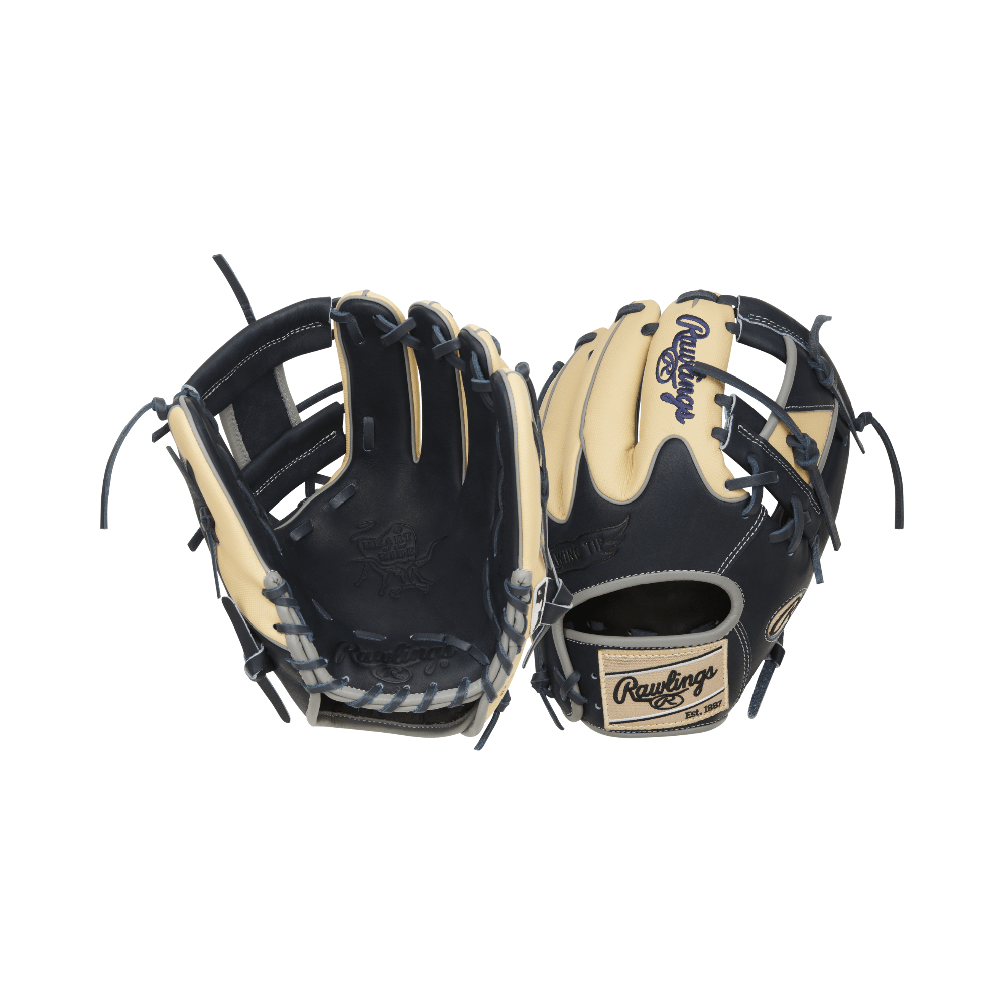 Rawlings Heart of the Hide Color Sync 8.0 baseball glove in camel and navy, showcasing its unique design and Wing-Tip welting.