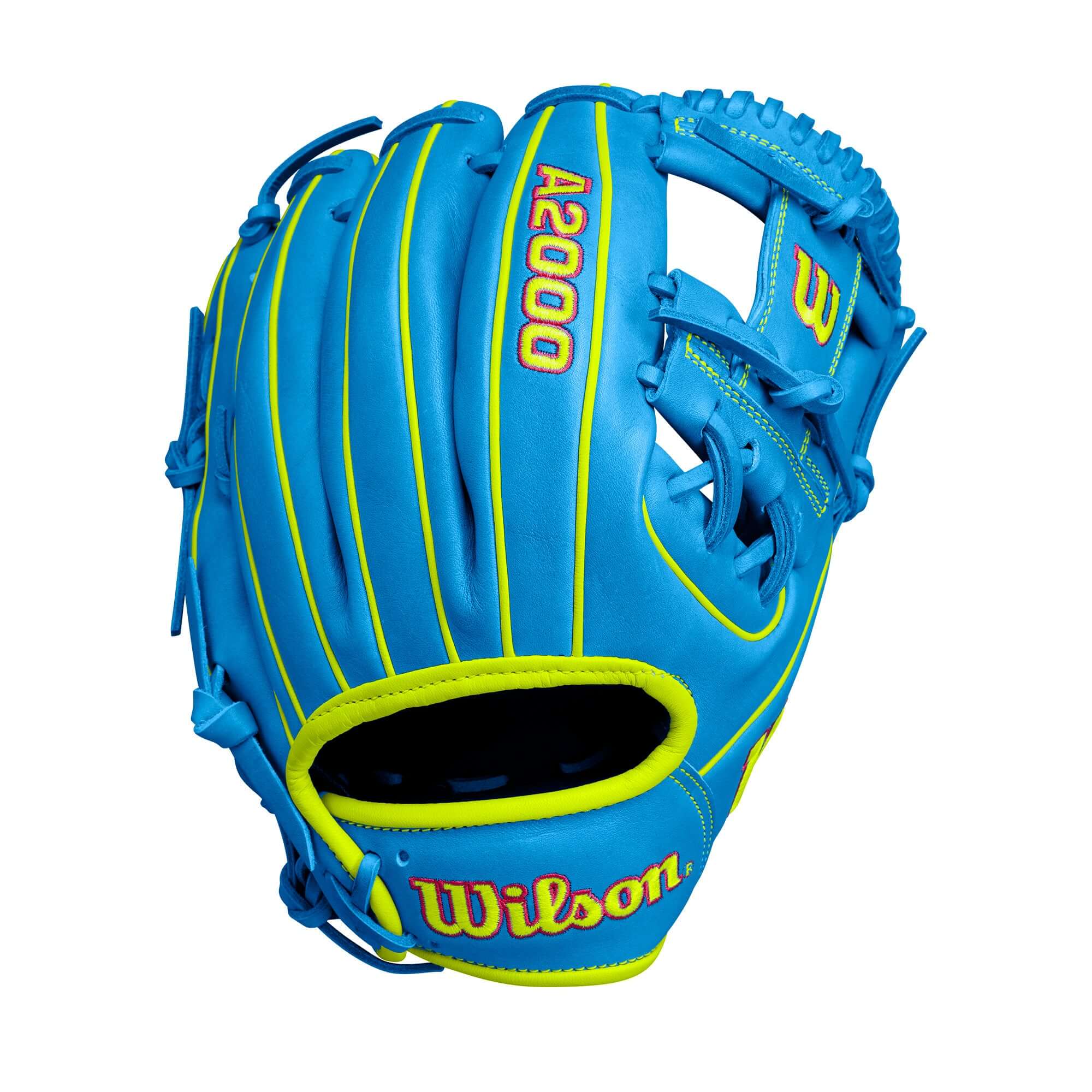 Wilson A2000 1786 infield baseball glove in sky blue and optic, featuring H-Web design and 11.5" size for optimal performance.