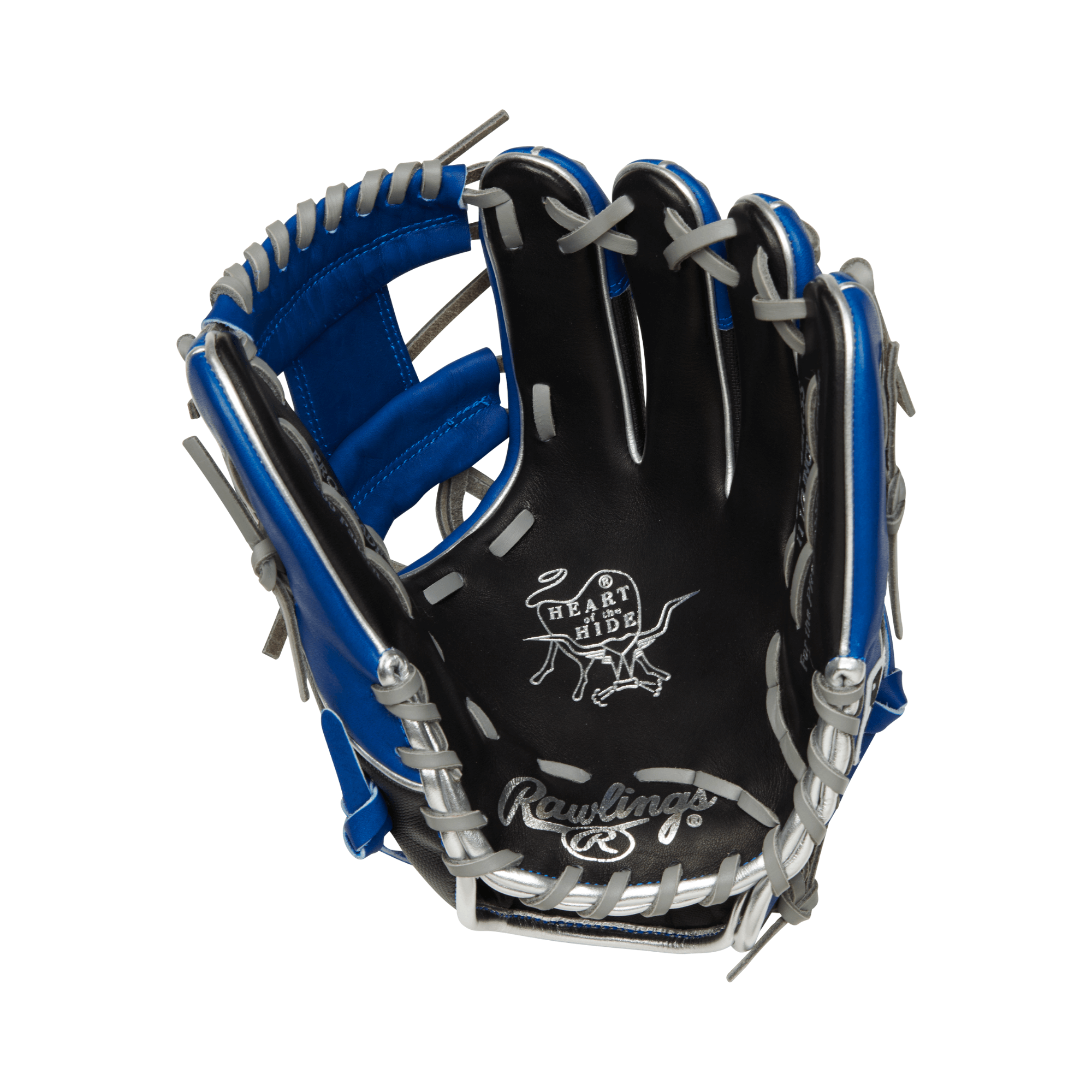 Rawlings ColorSync 7.0 Heart of the Hide 11.5" infield glove in black and royal blue with metallic silver accents.