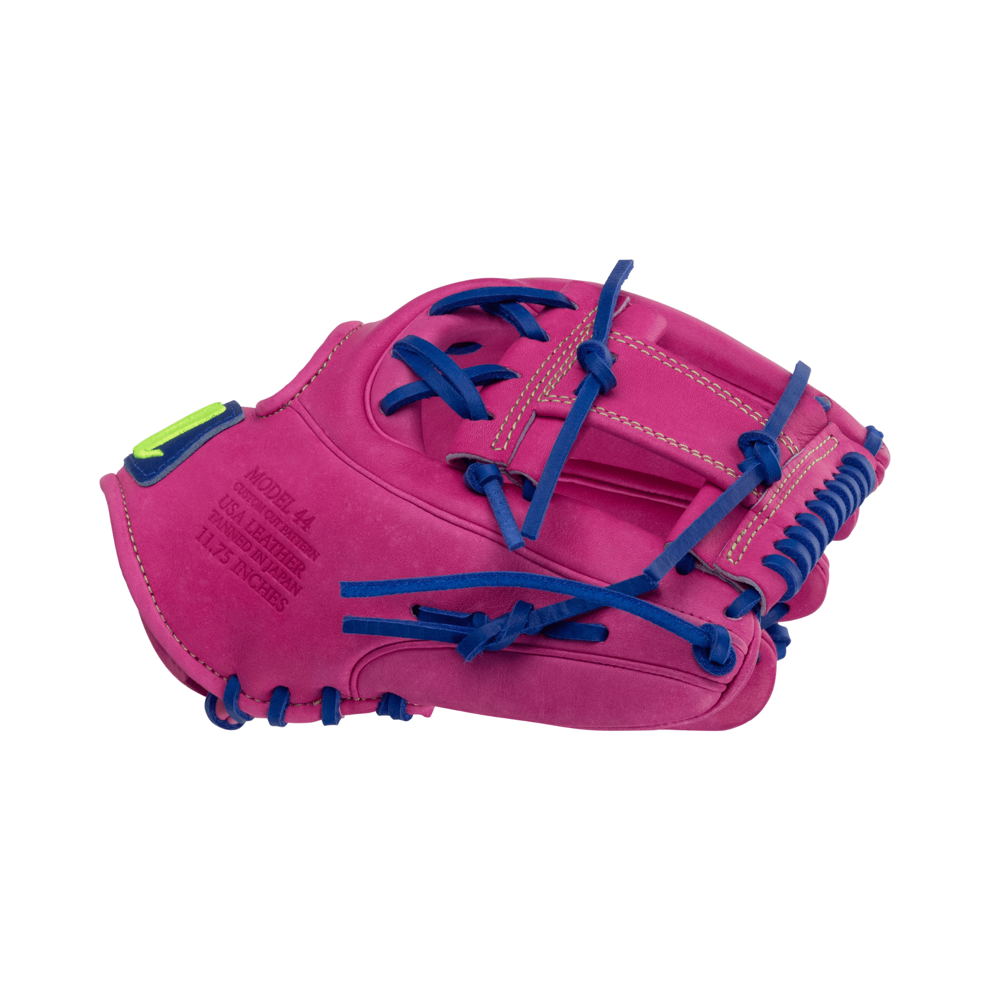 Marucci Cypress M Type 44A2 11.75" youth baseball glove in pink with blue laces, designed for comfort and durability.