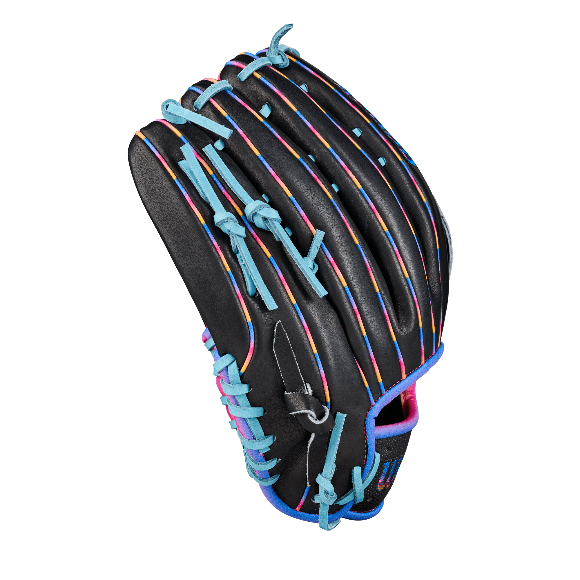 Wilson 2026 Love the Moment 1750 12.5” outfield baseball glove, black with blue lacing, backhand view.