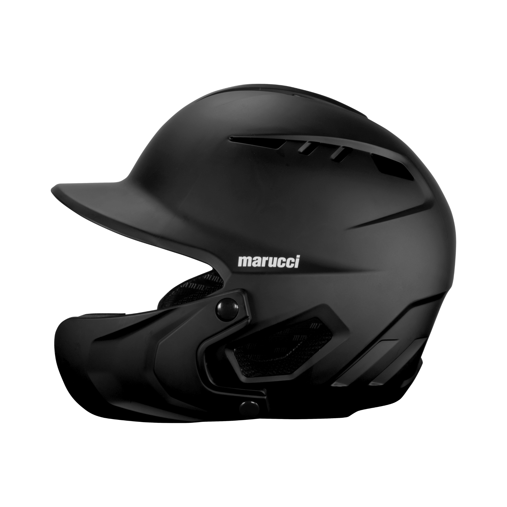 Marucci Duravent Batting Helmet with Jaw Guard in black, designed for maximum protection and airflow, featuring adjustable jaw guard.