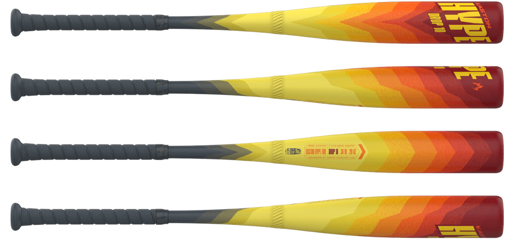 Easton Hype Fire 2024 (-8) USSSA baseball bats showcasing a vibrant yellow and red design.