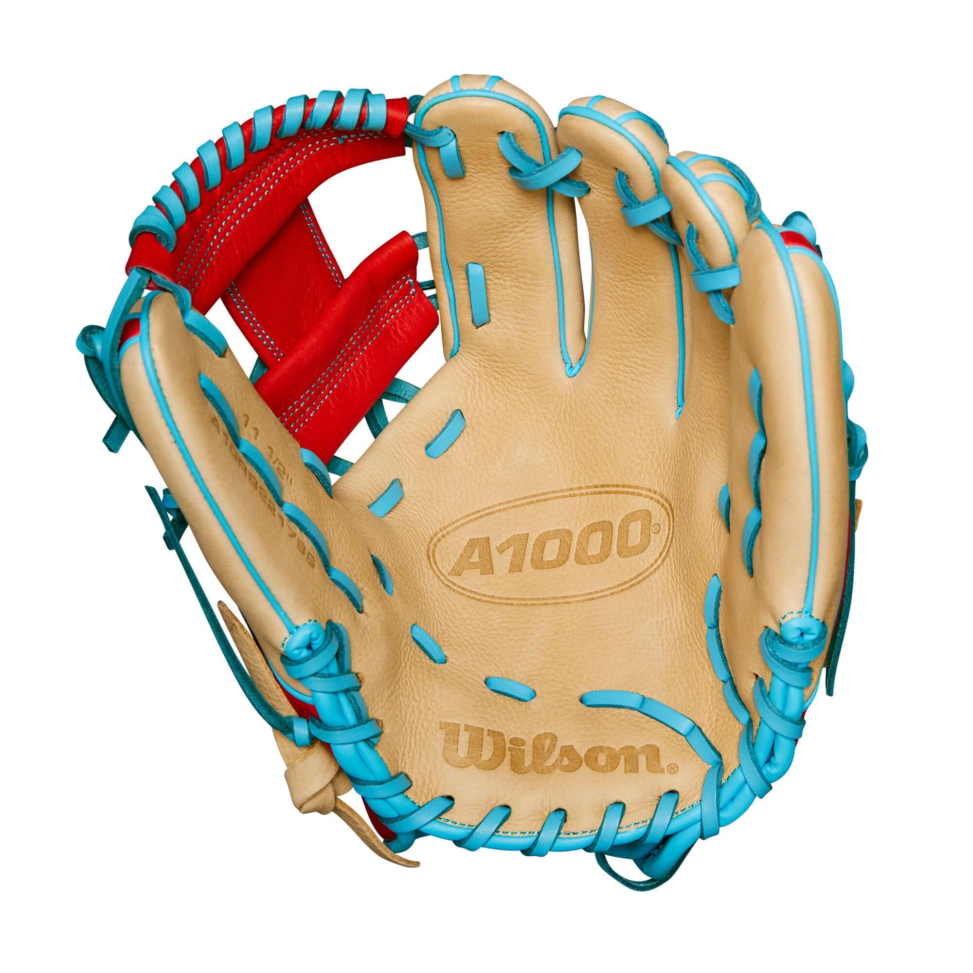 Wilson 2024 A1000 1786 Infield Baseball Glove in Blonde, Red, and Blue, featuring H-Web design and shallow pocket.