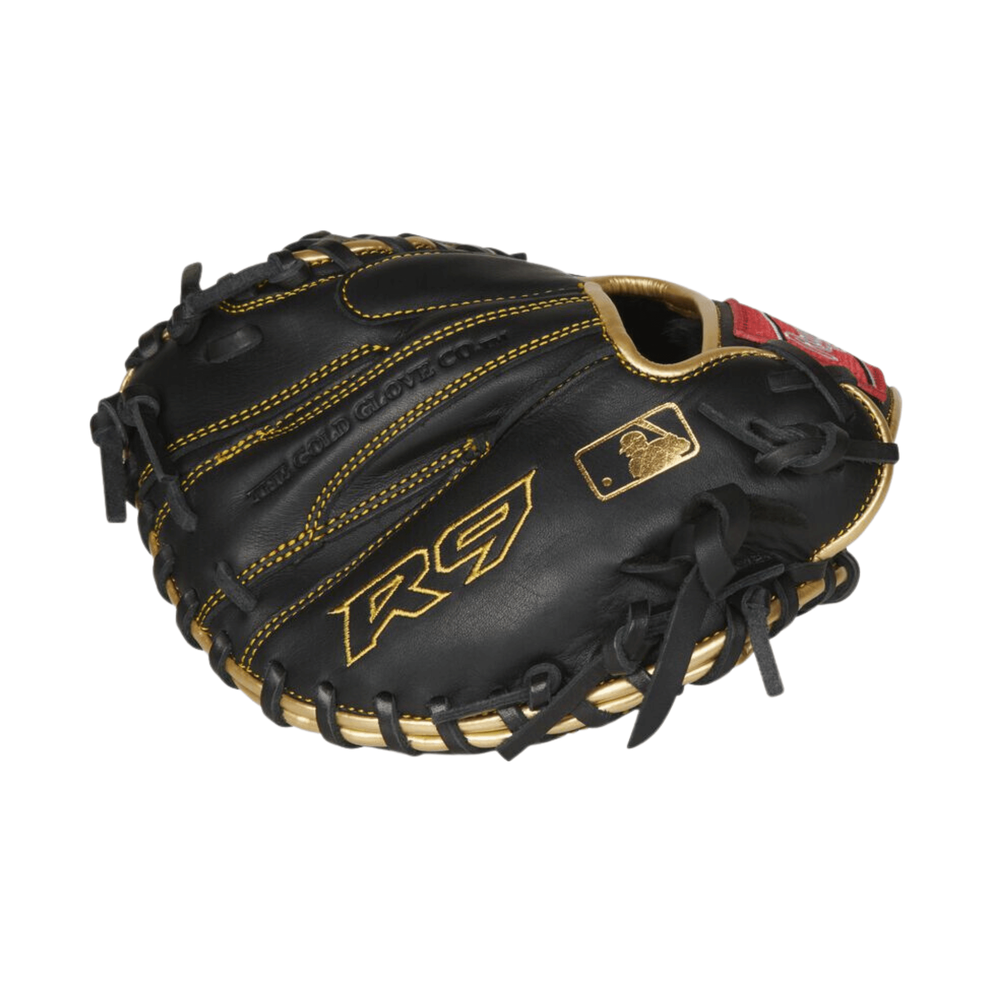 Rawlings R9 27-inch catcher's training mitt in black and gold leather, designed for practice and skill improvement.