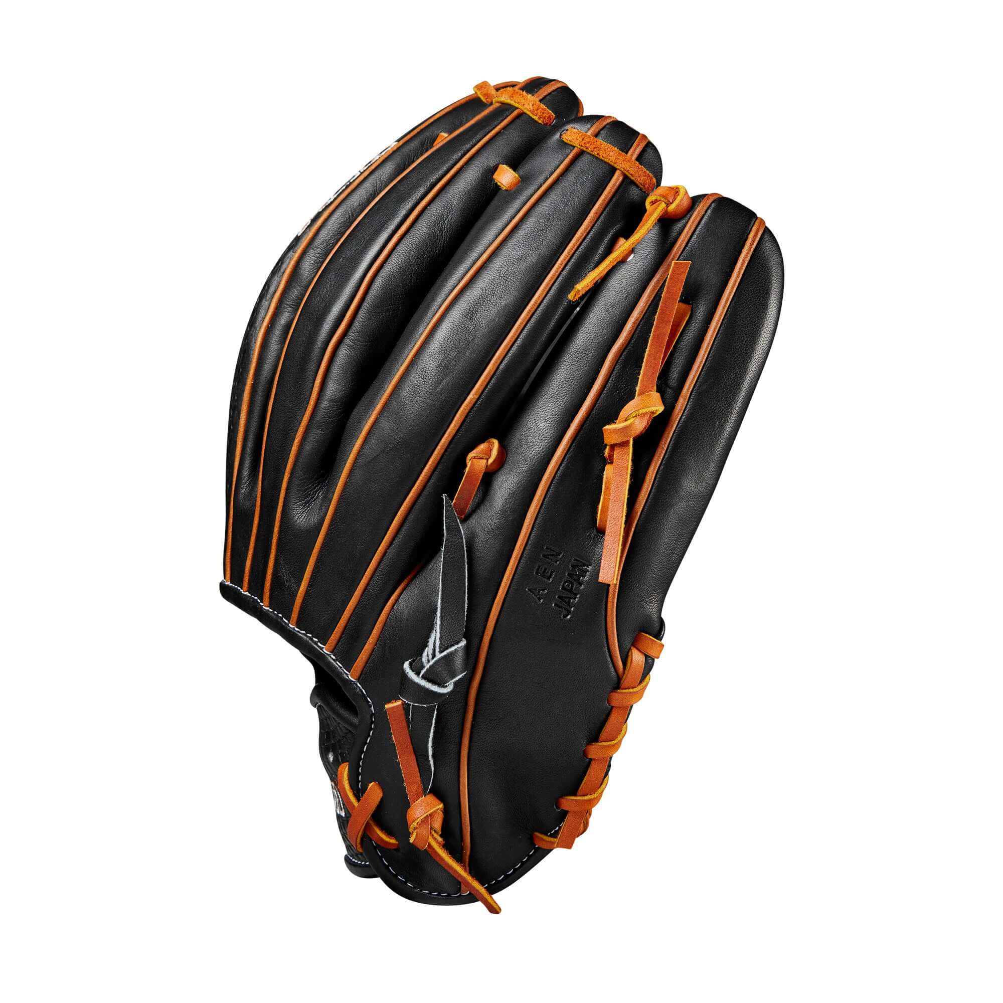 Wilson A2K B23 12" left-hand throw baseball glove featuring black leather and orange accents, designed for pitchers.