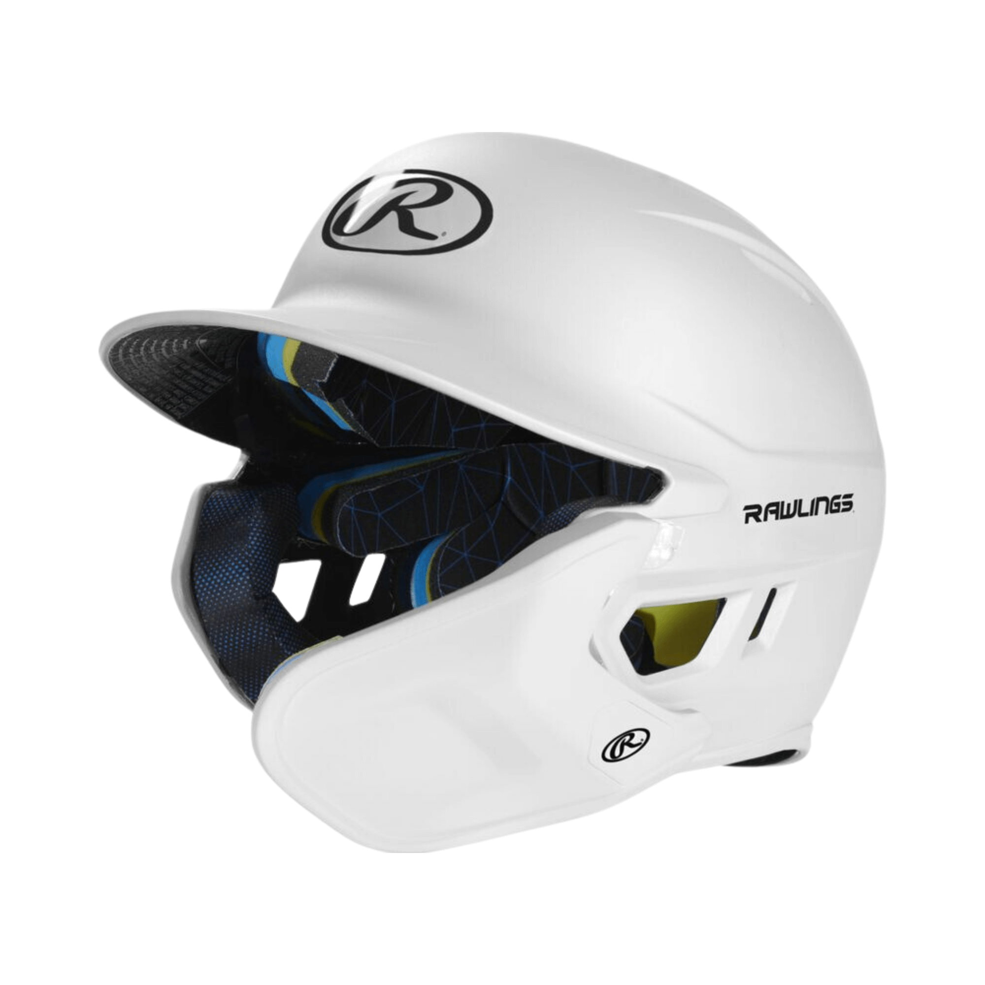 Rawlings Mach Adjust right handed batting helmet for juniors in white, featuring adjustable design for optimal coverage and comfort.