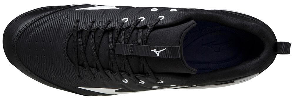 Top view of Mizuno Ambition 2 All Surface Low Men's Turf Shoe in black and white, featuring a sleek design and secure lacing.