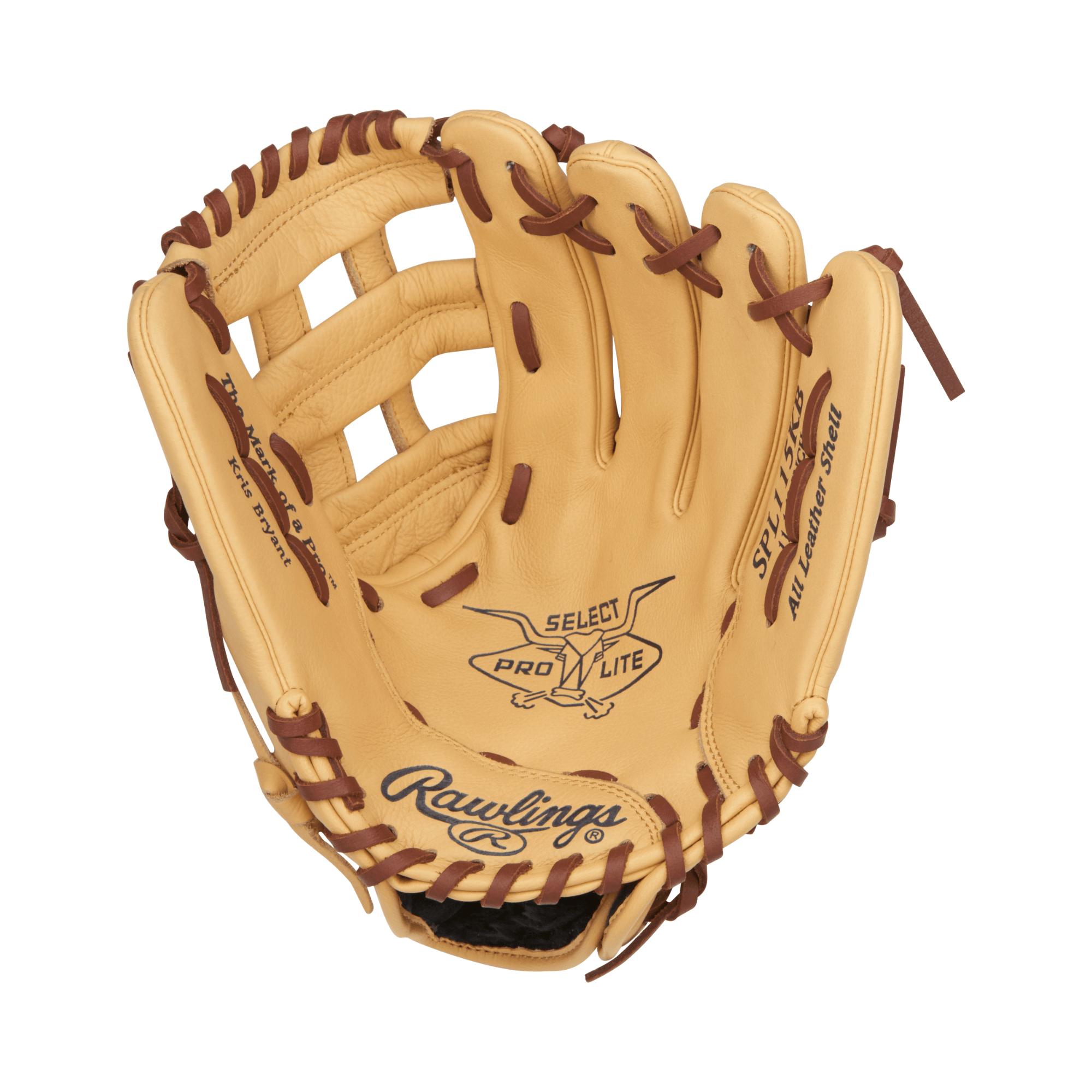 Rawlings Select Pro Lite K. Bryant 11.5" youth baseball glove in tan leather with brown lacing. Ideal for young players seeking control.