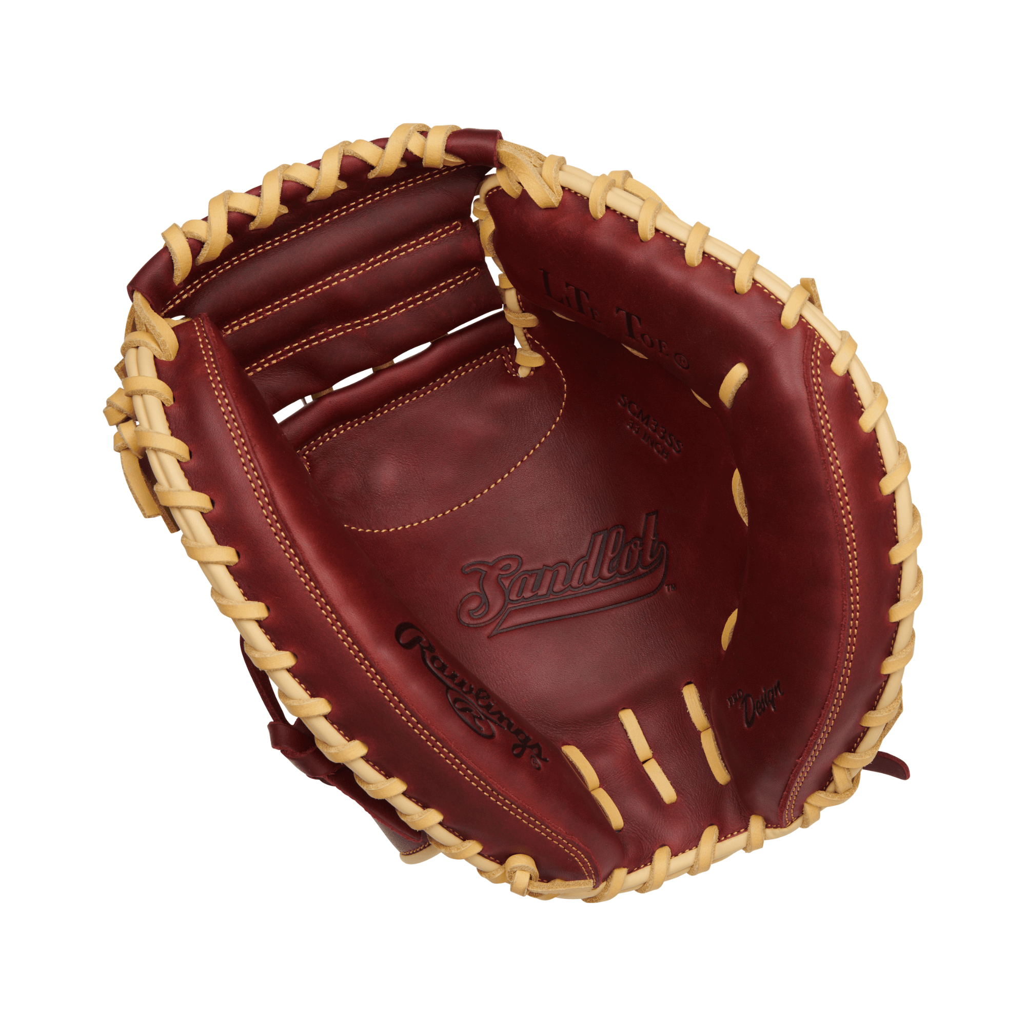 Rawlings Sandlot Series 33" catcher's mitt showcasing vintage oiled pull-up leather and padded finger back for superior protection.