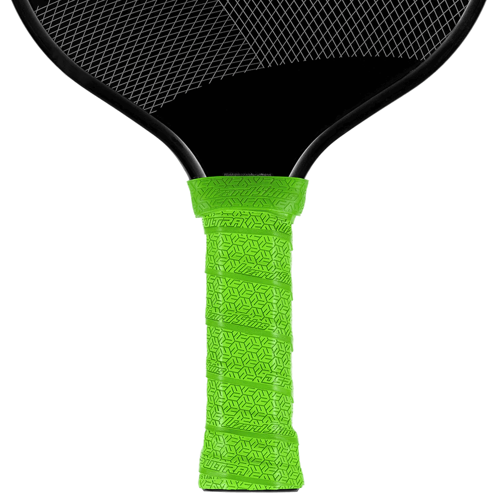 Lizard Skin DSP Ultra Pickleball Grip 0.8 mm in Emerald Green on a pickleball paddle handle showcasing its premium texture and tackiness.