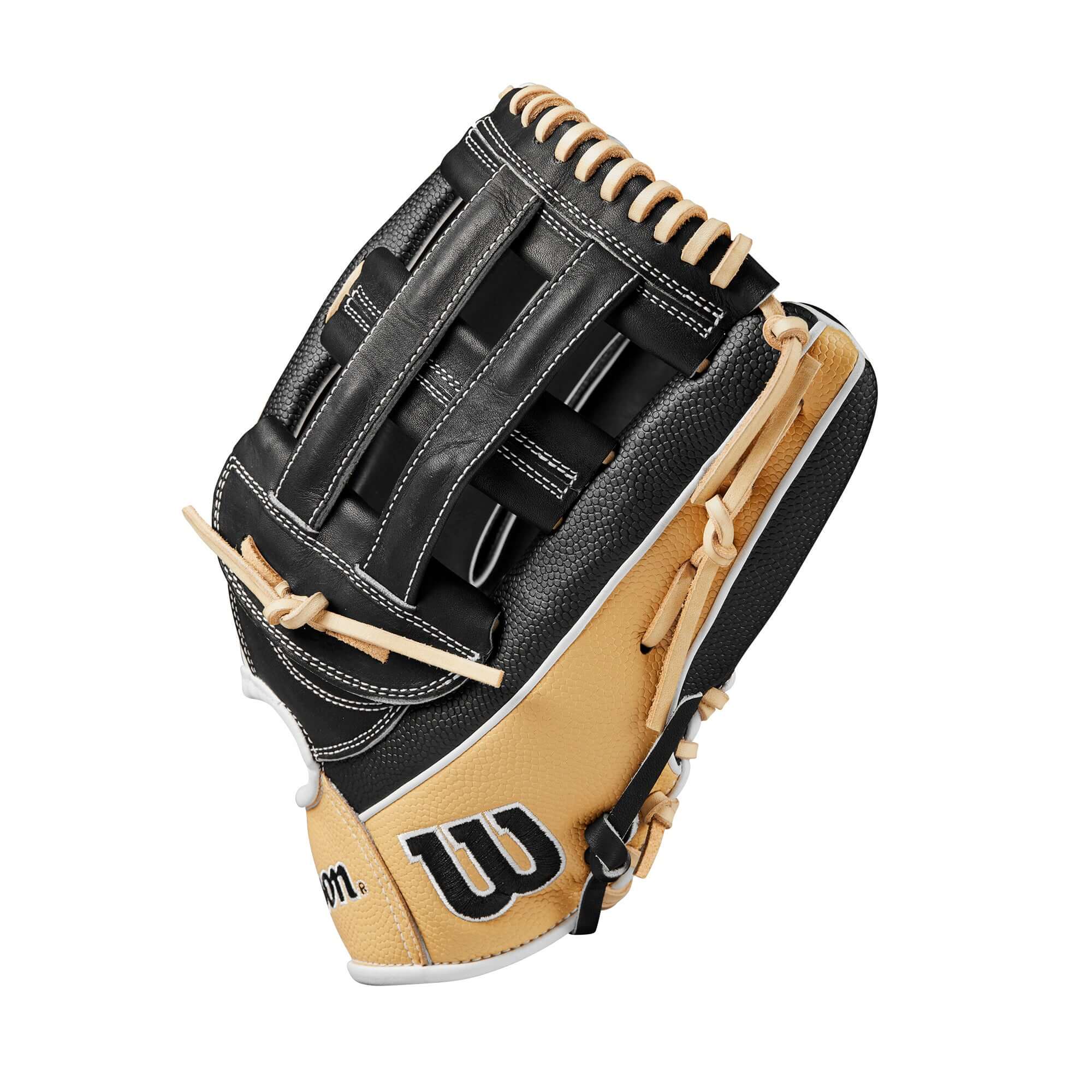Wilson 2024 A2000 PF50SS 12.25" Outfield Glove in black and tan with Dual Post Web design.