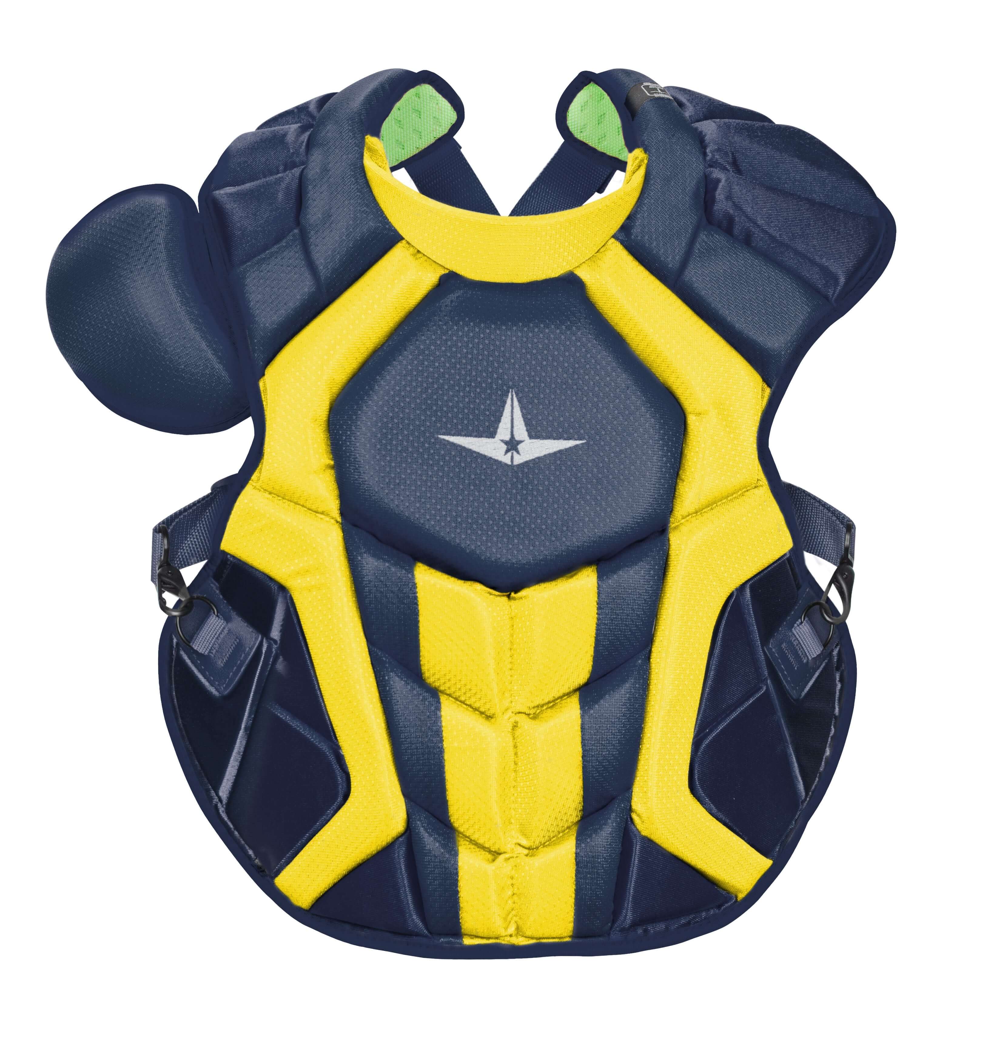 All-Star S7 Chest Protector in navy and yellow, designed for adult wear, meets NOCSAE standards with protective features.