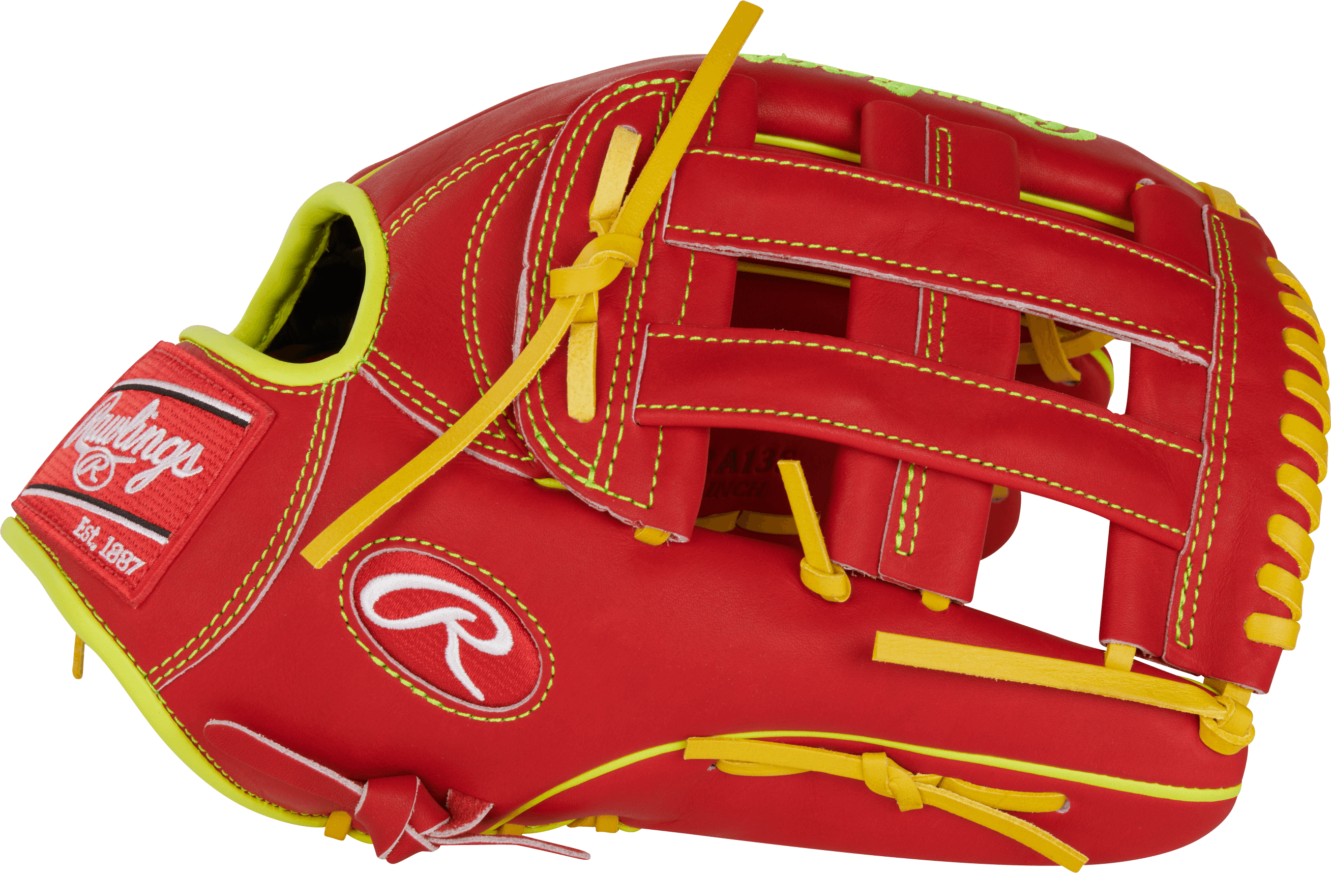 Rawlings RA13 Ronald Acuña Jr Outfield Glove in red and yellow, crafted from durable Heart of the Hide leather.