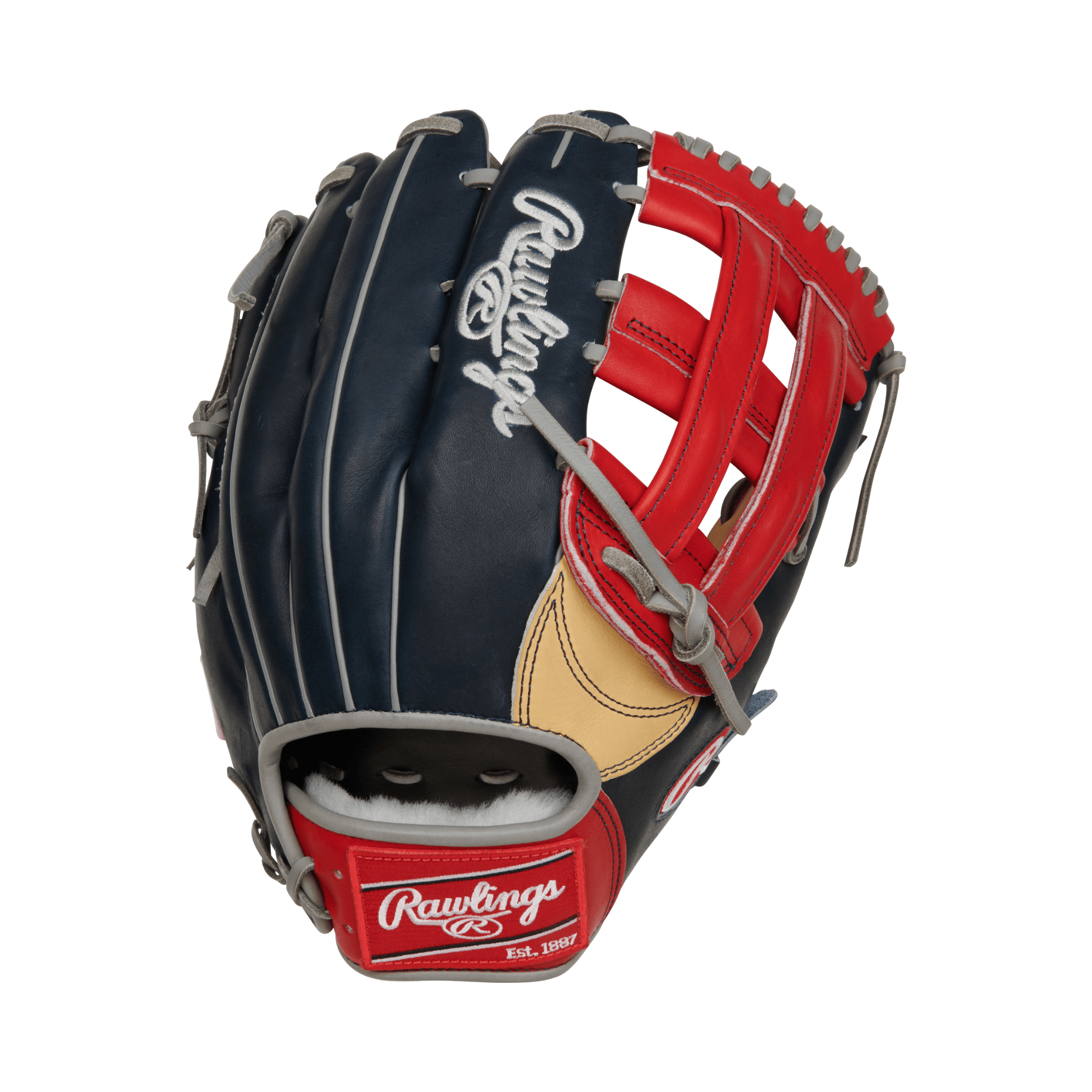 Rawlings Pro Preferred Series baseball glove in red and black, 12.75-inch R. Acuna Jr. gameday pattern for outfield play.