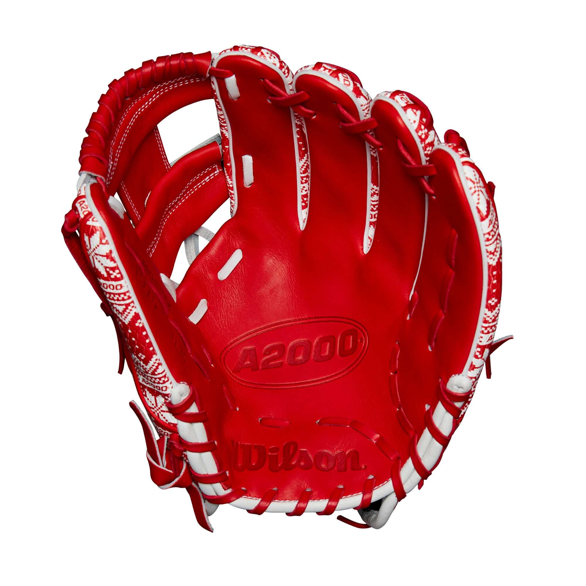 Wilson A2000 GOTM December 2024 glove, red and white Holiday Sweater design, 11.75” infield glove, SuperSnakeSkin™.