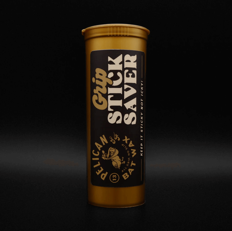 Pelican Bat Wax Stick Saver in opaque metallic gold storage tube for optimal grip stick maintenance.