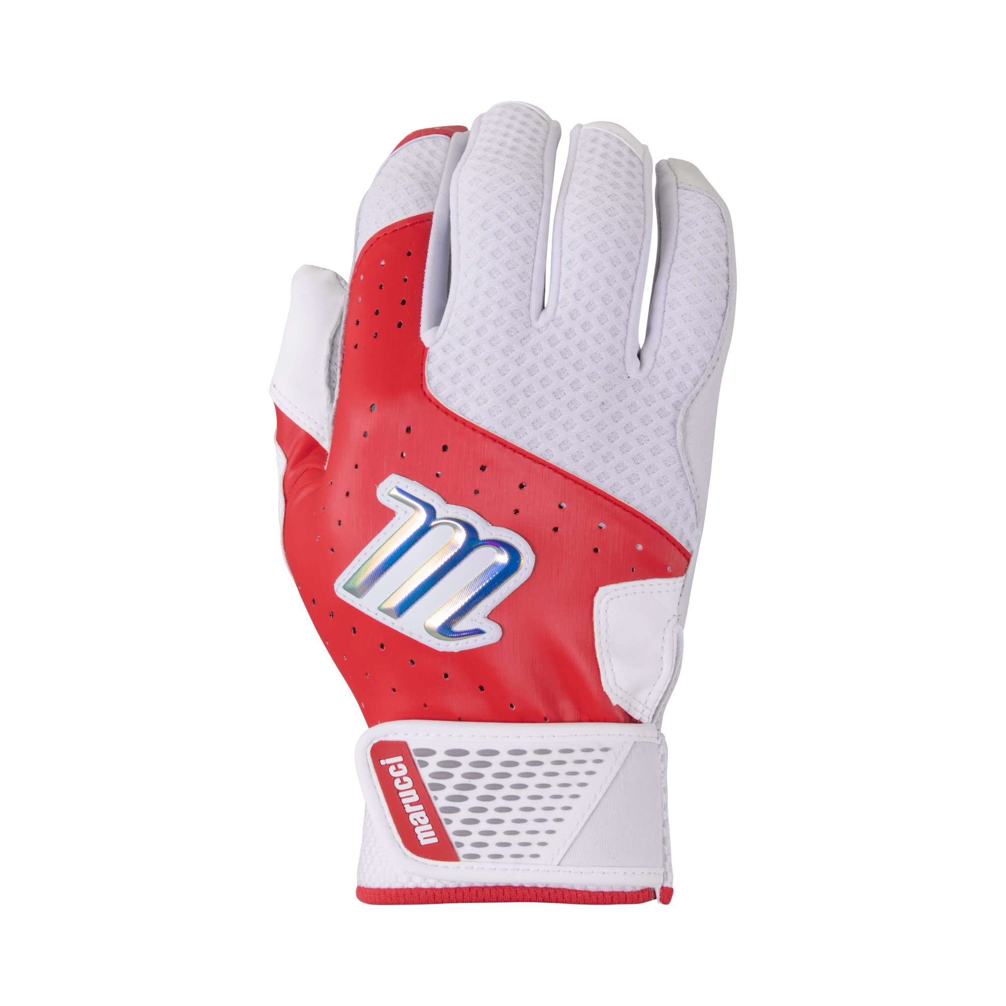 Marucci Crest Batting Glove in red, featuring durable palm, breathable mesh back, and soft wrist cuff for optimal fit.