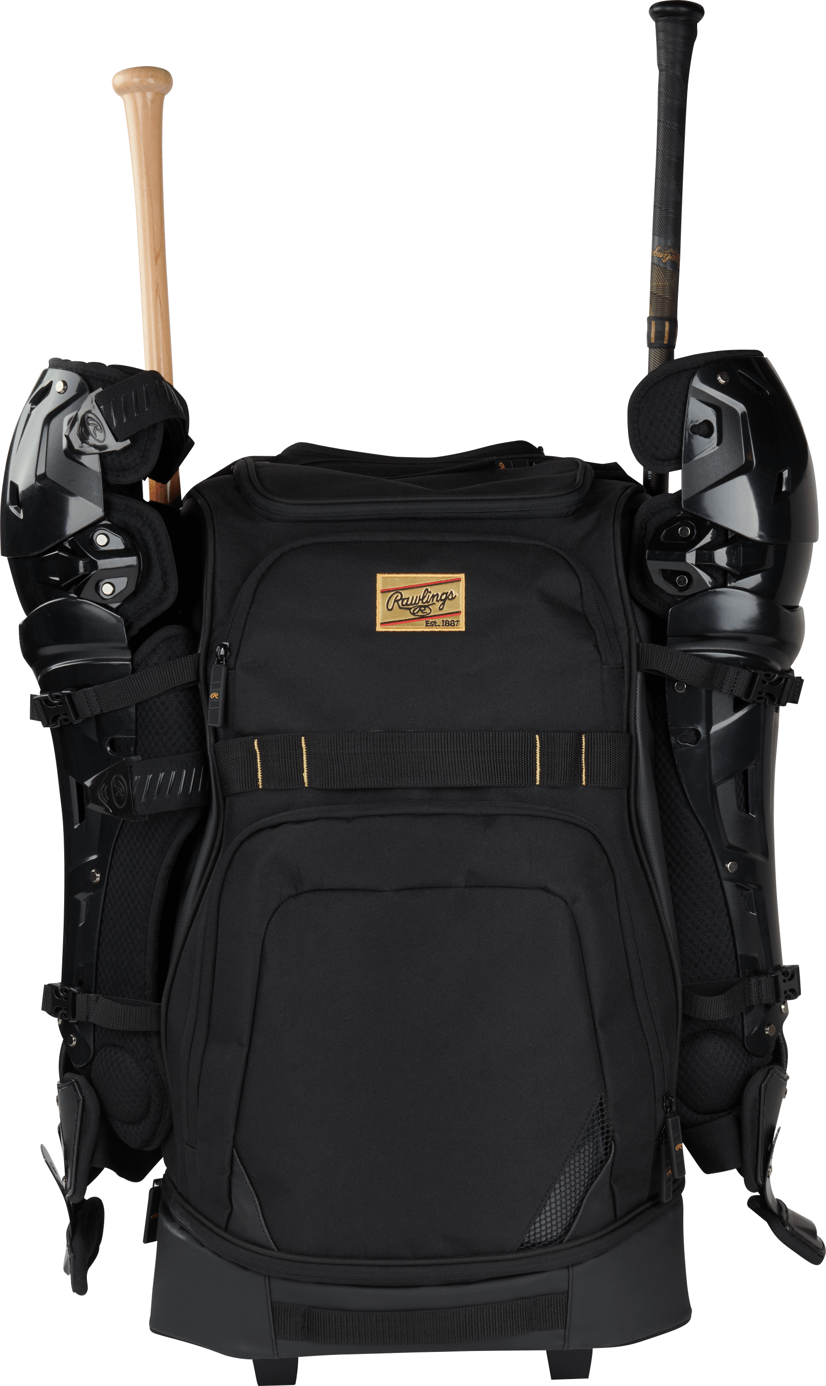 Rawlings Gold Collection Wheeled Bag with bats stored in bat sleeves
