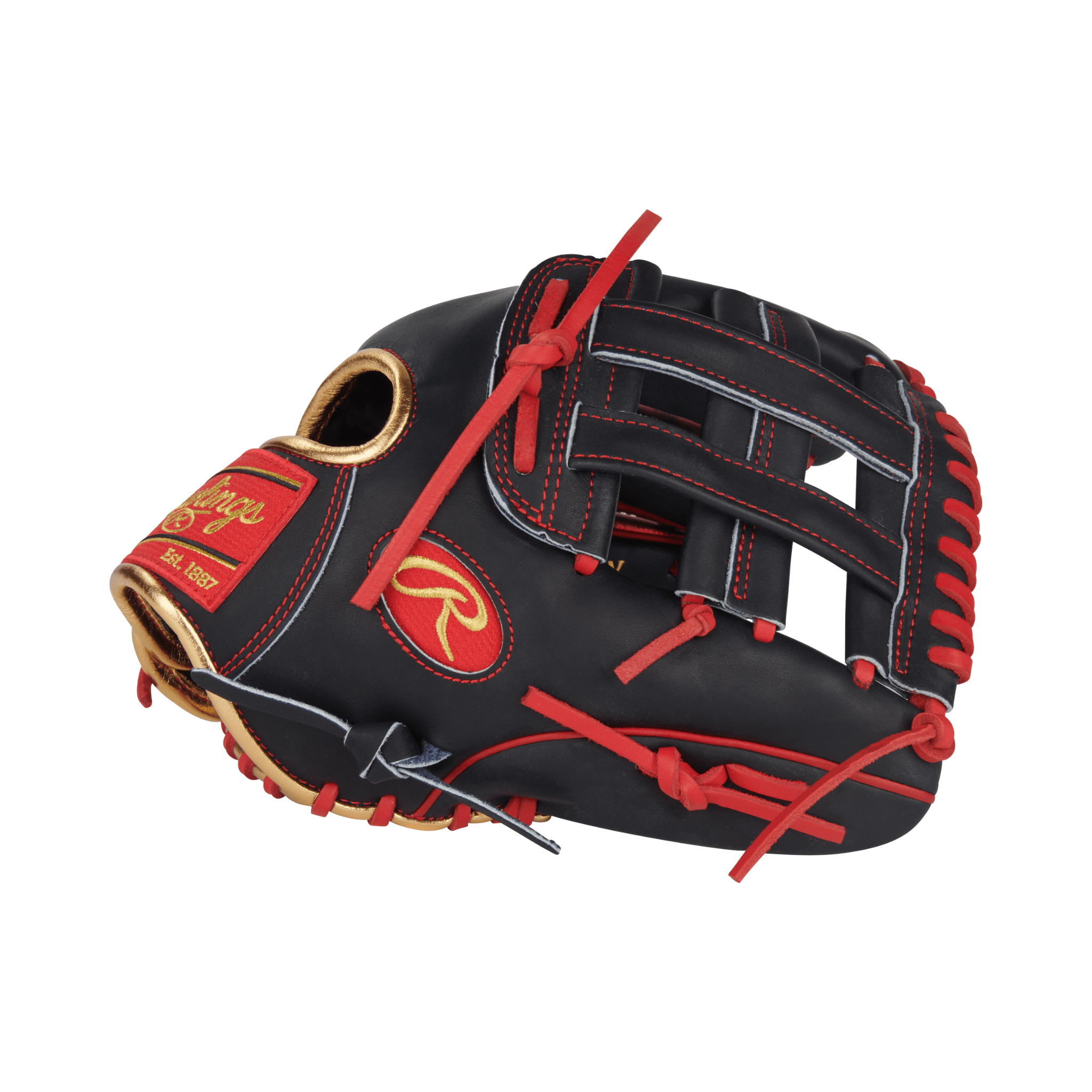 Rawlings Heart of the Hide Nolan Arenado Gameday Pattern Baseball Glove in navy and scarlet, 12-inch design.