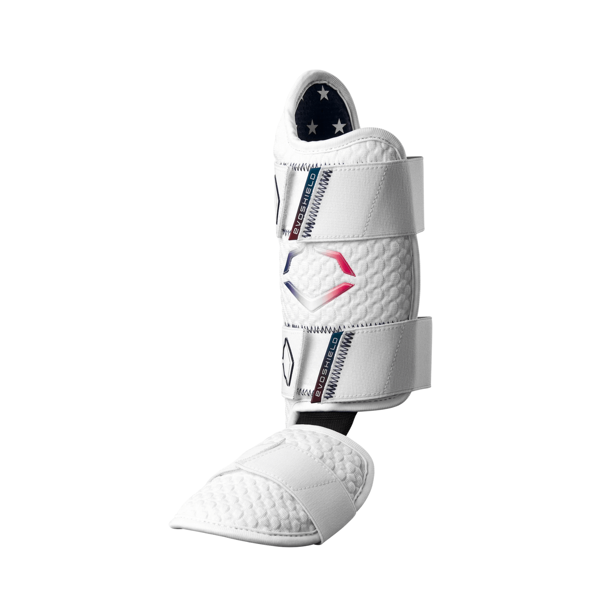 Evoshield X-SRZ 2.0 Stars and Stripes Leg Guard in white with red and blue accents, featuring Gel-to-Shell® Technology.