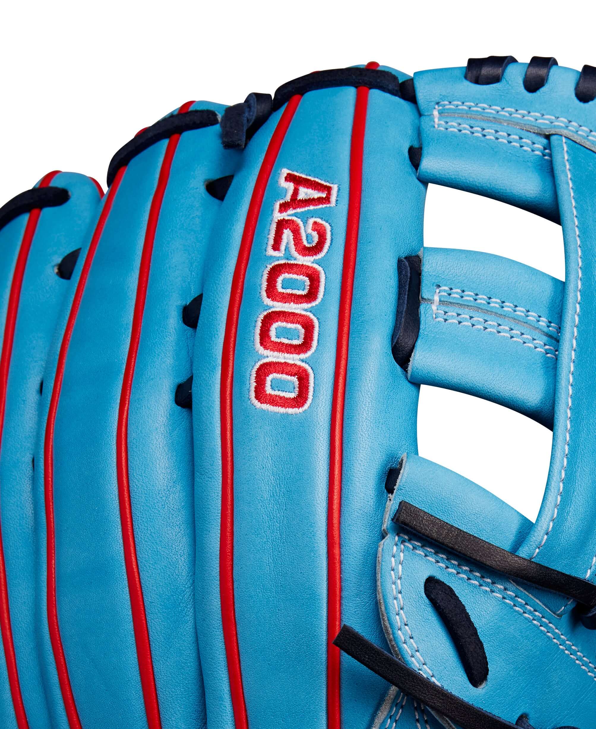 Close-up of Wilson A2000 1750 outfield baseball glove in tropical blue and red, showcasing detailed stitching and design.