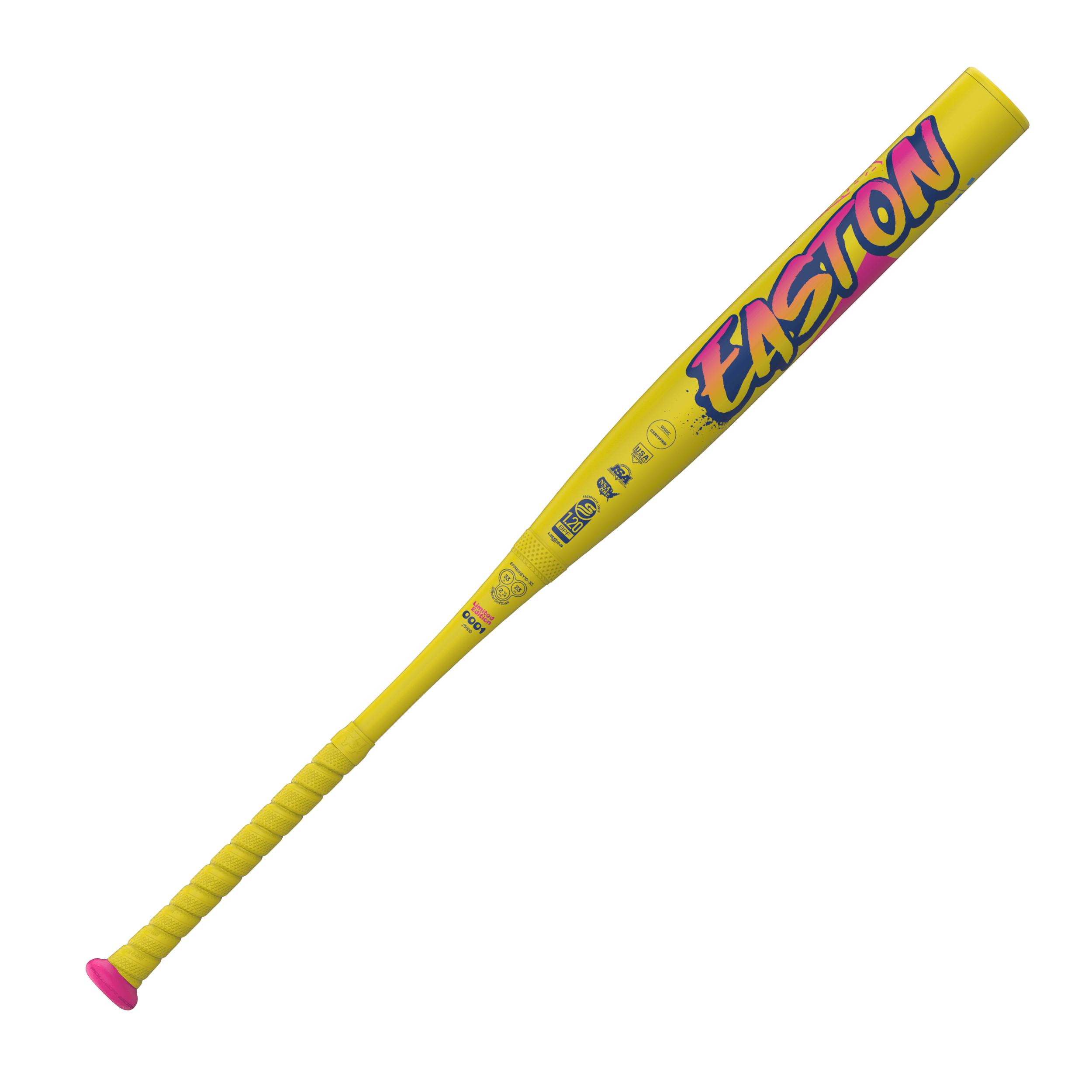 Side profile view of Easton Ghost Advanced (-11) Fastpitch Softball Bat with yellow and pink design.