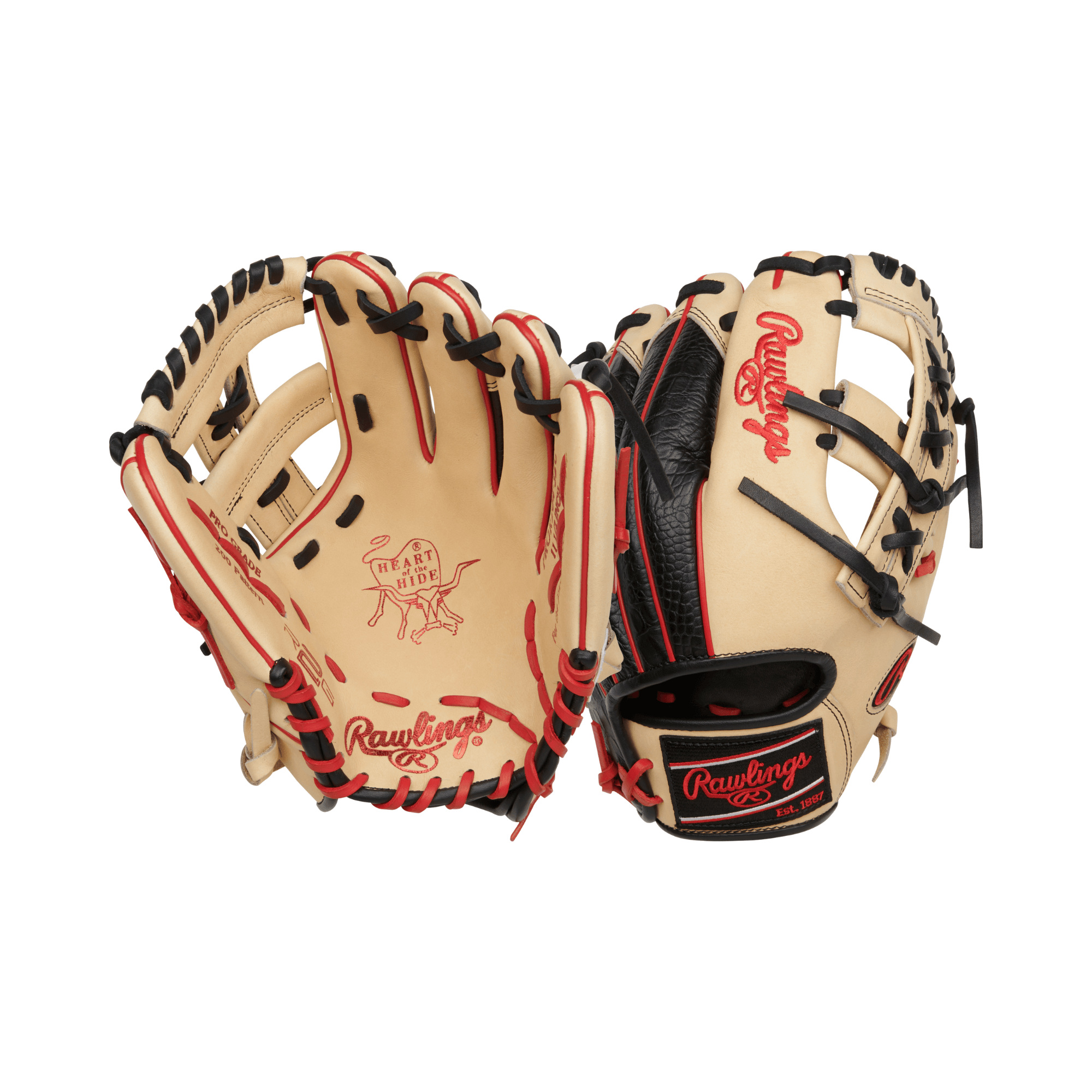 Rawlings Heart of the Hide R2G Technology 11.5-inch baseball glove in cream and red color, front and back view.