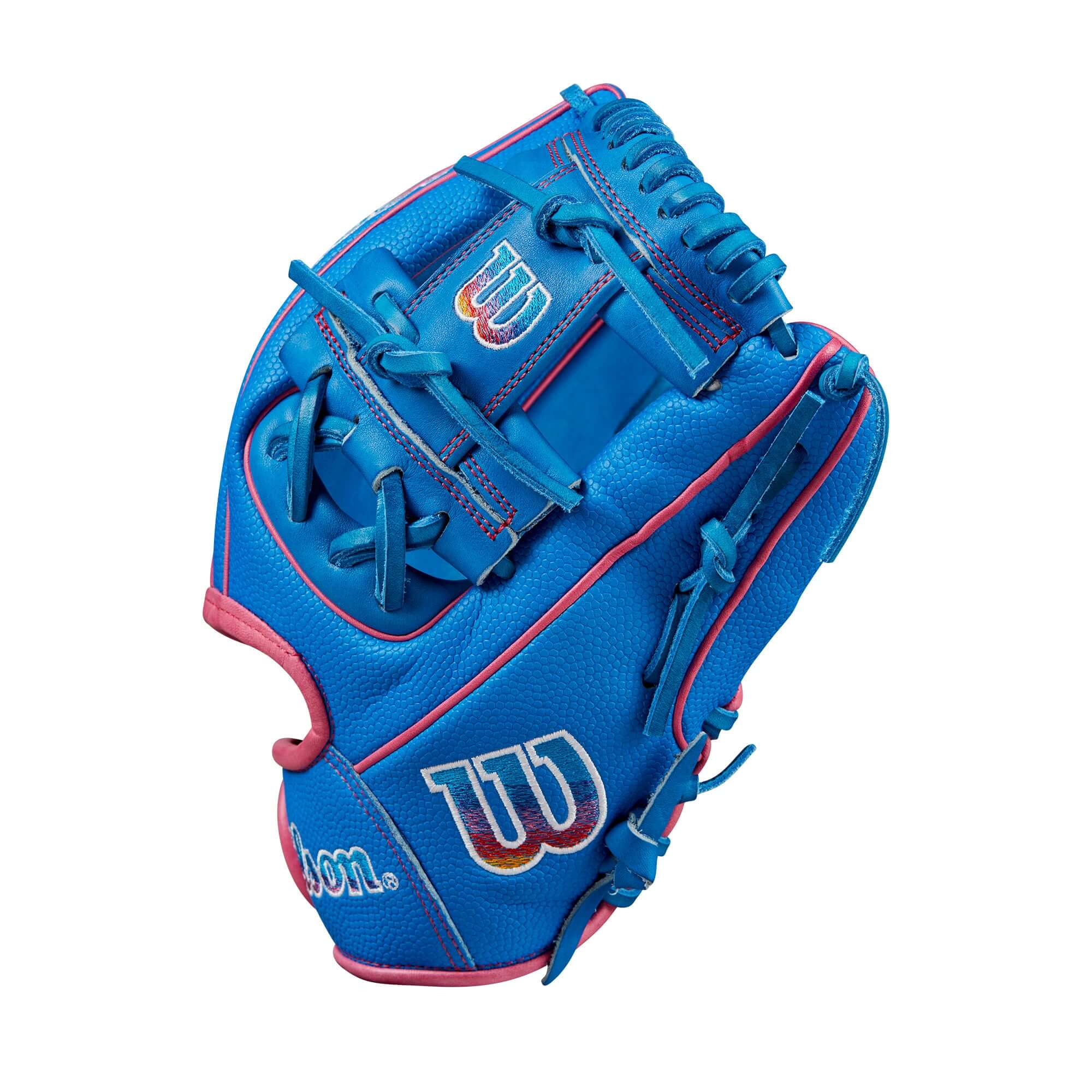 Wilson 2024 Autism Speaks A2000 DP15SS infield baseball glove in blue with pink accents, designed for smaller hands.