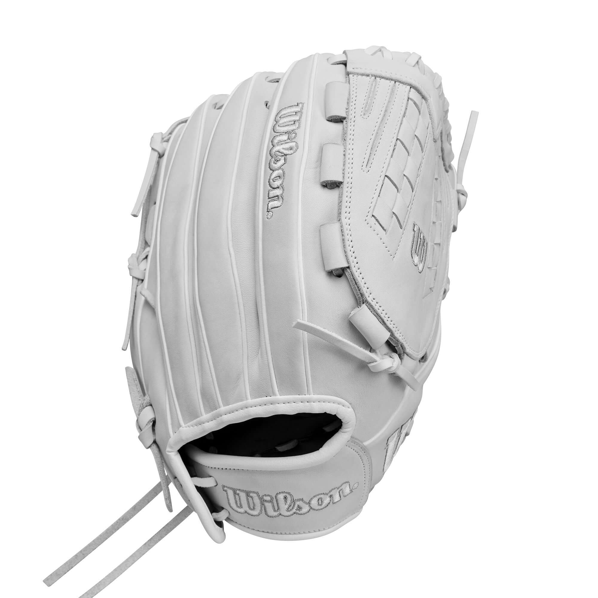 Wilson 2025 A1000FP V125 12.5" outfield fastpitch softball glove in white and grey.