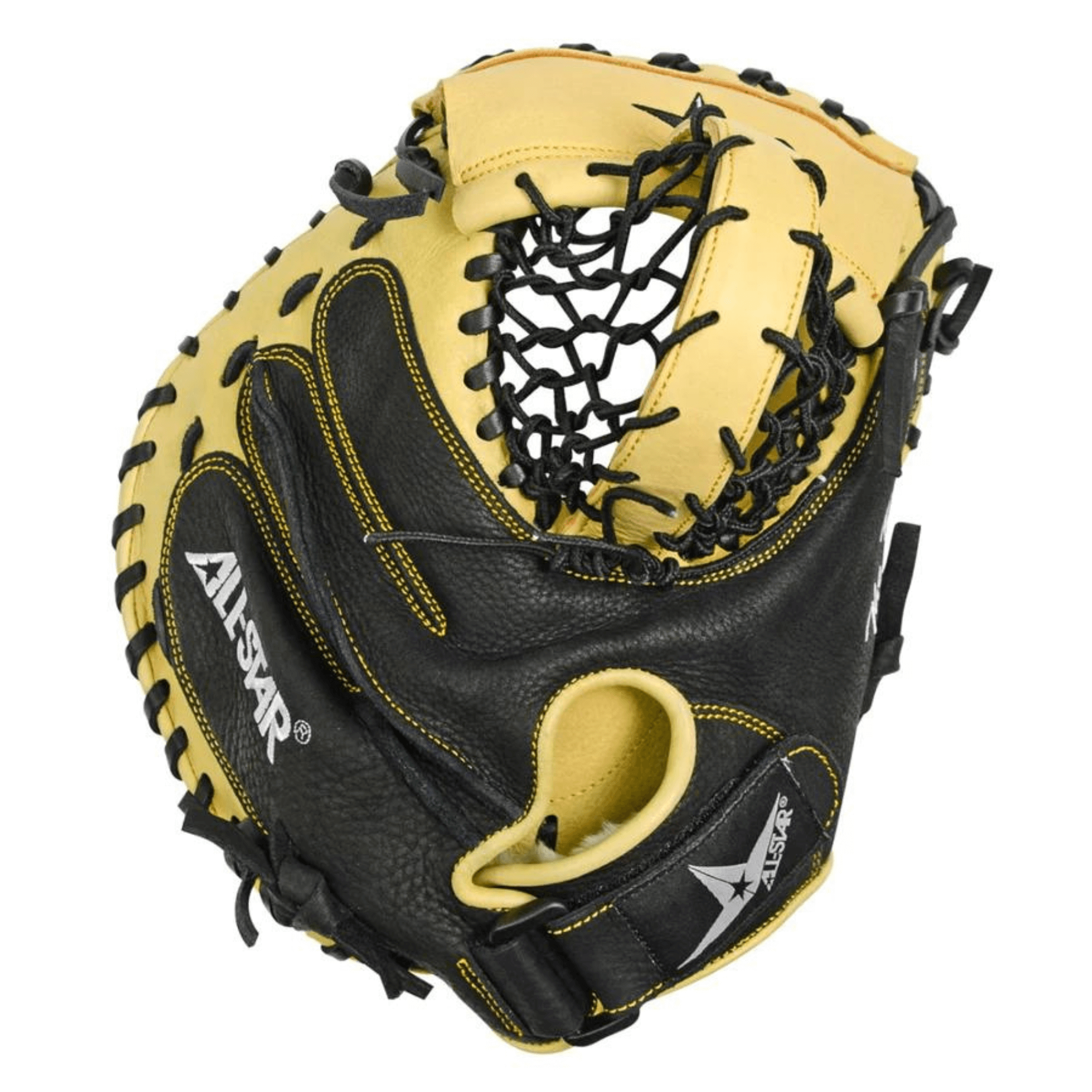 All-Star Training Glove in black and yellow, featuring a keyhole pocket design for enhanced ball receiving and control.