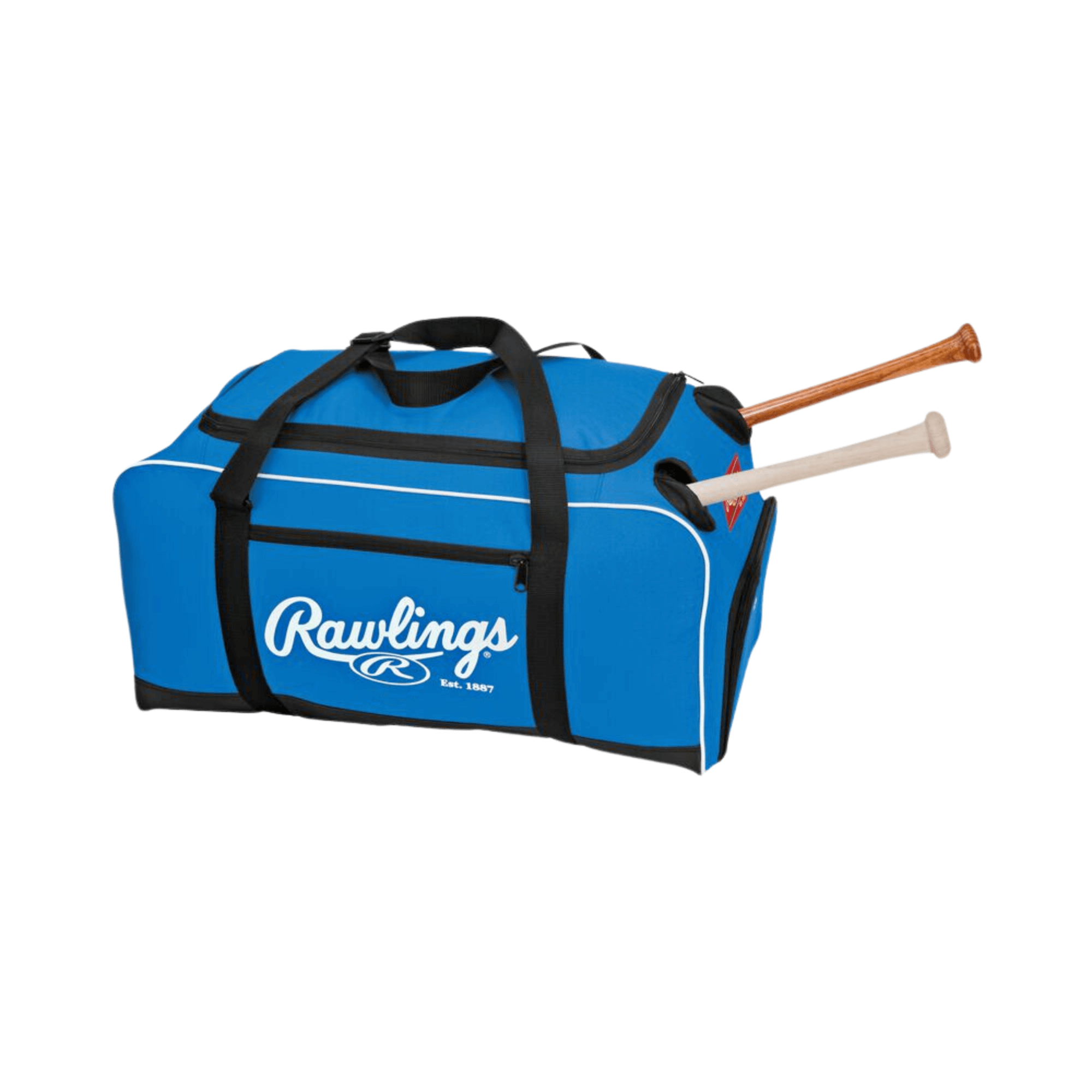 Rawlings Covert Duffle Bag in royal blue with two side bat sleeves for easy access and storage of baseball equipment.