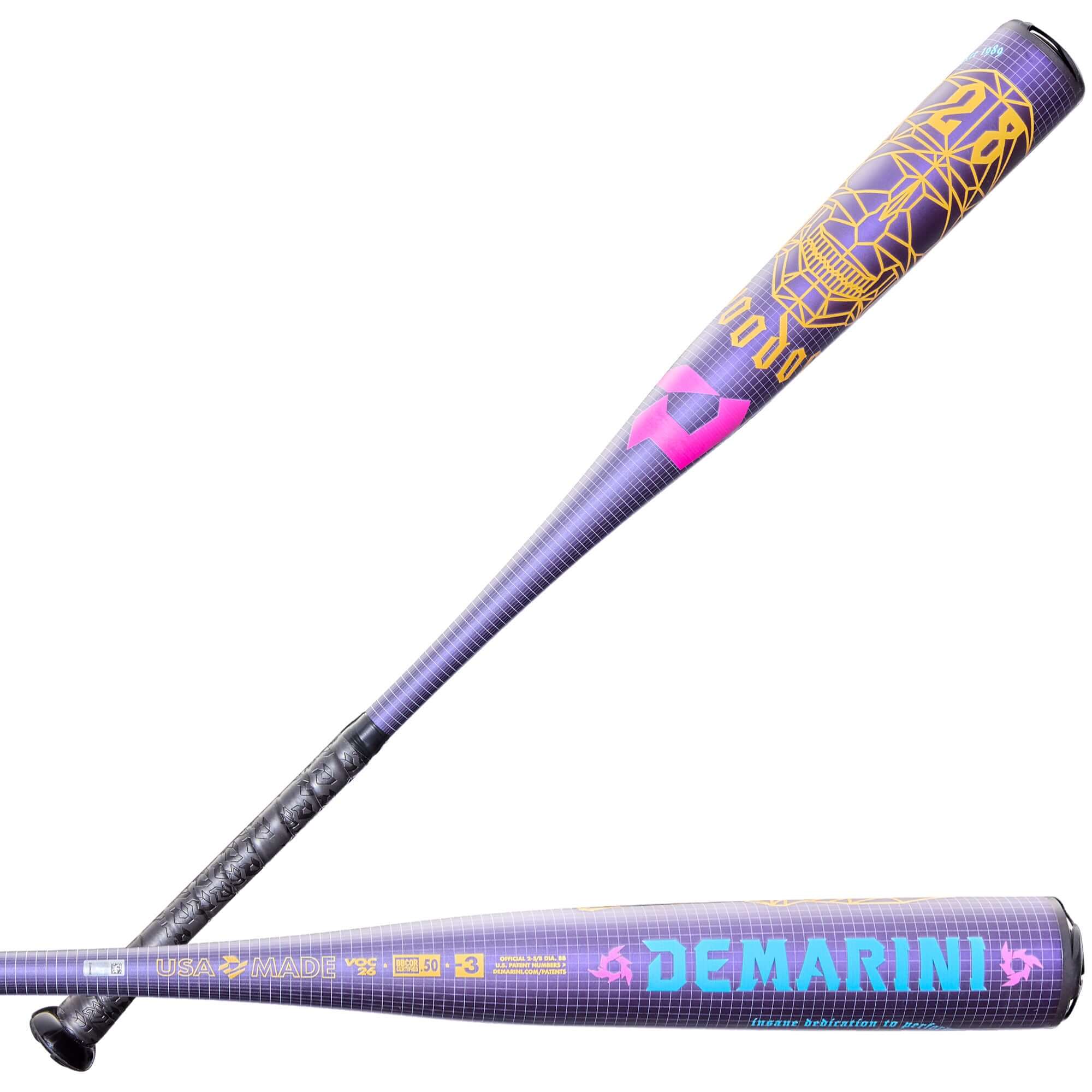 2026 DeMarini Voodoo® One (-3) BBCOR baseball bat with a purple and yellow design, lightweight alloy for power and speed.