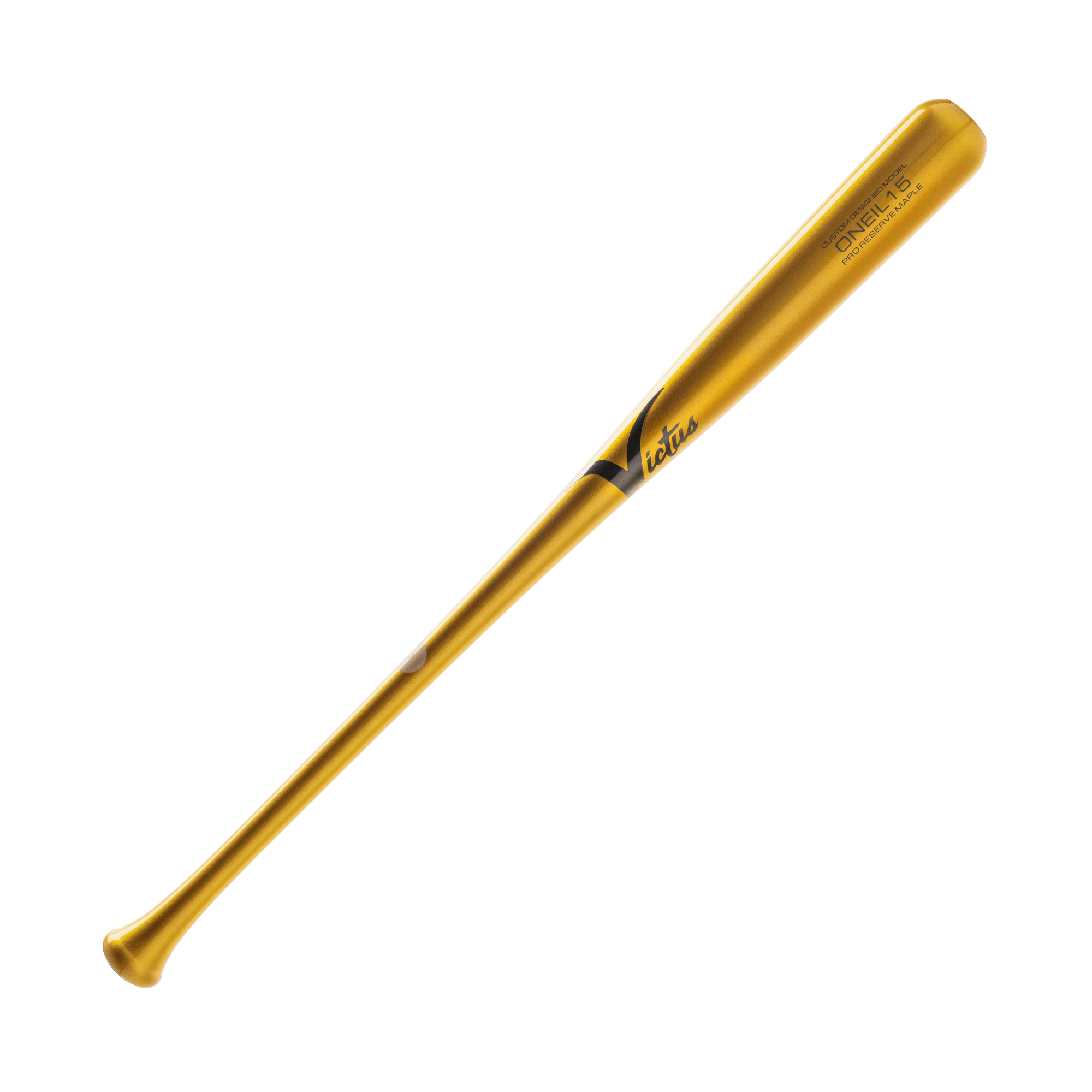 Side profile view of Victus ONEIL15 Gloss Gold Maple Pro Reserve Wood Baseball Bat with slightly flared knob.
