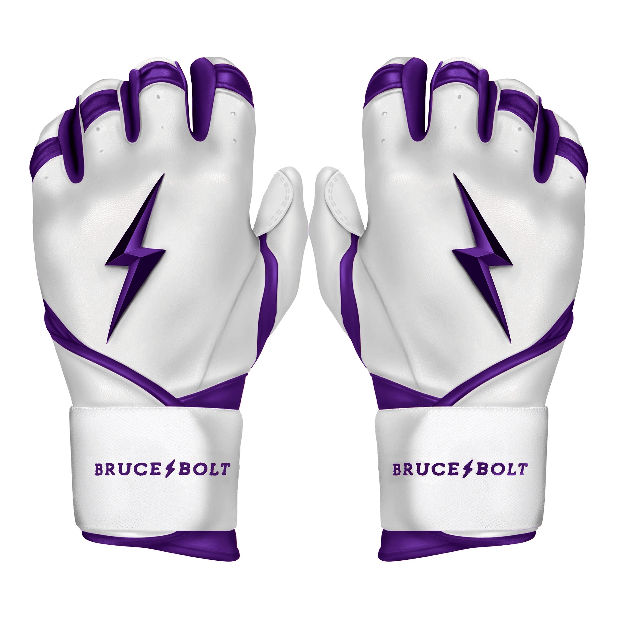 Bruce Bolt Youth Premium Pro Chrome Long Cuff Batting Gloves in purple and white with lightning logo.