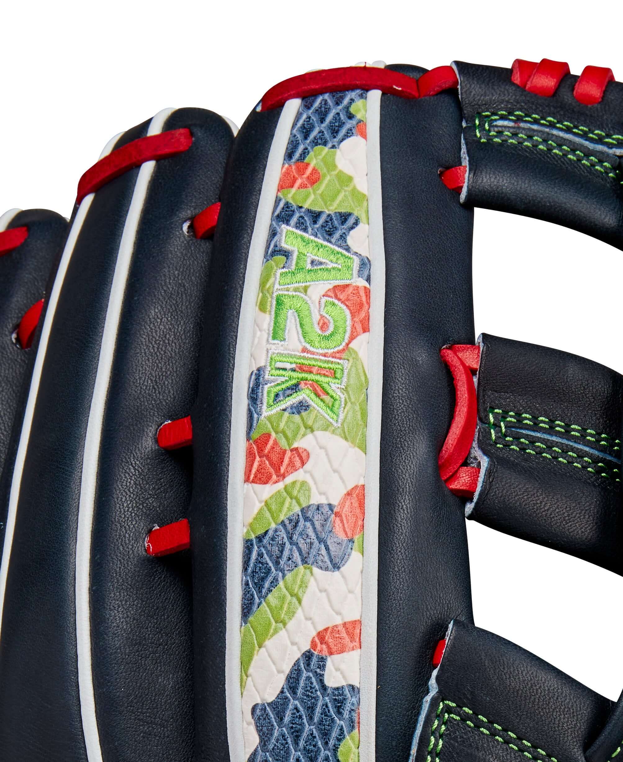 Close-up of Wilson A2K baseball glove featuring vibrant colors and detailed logo design.