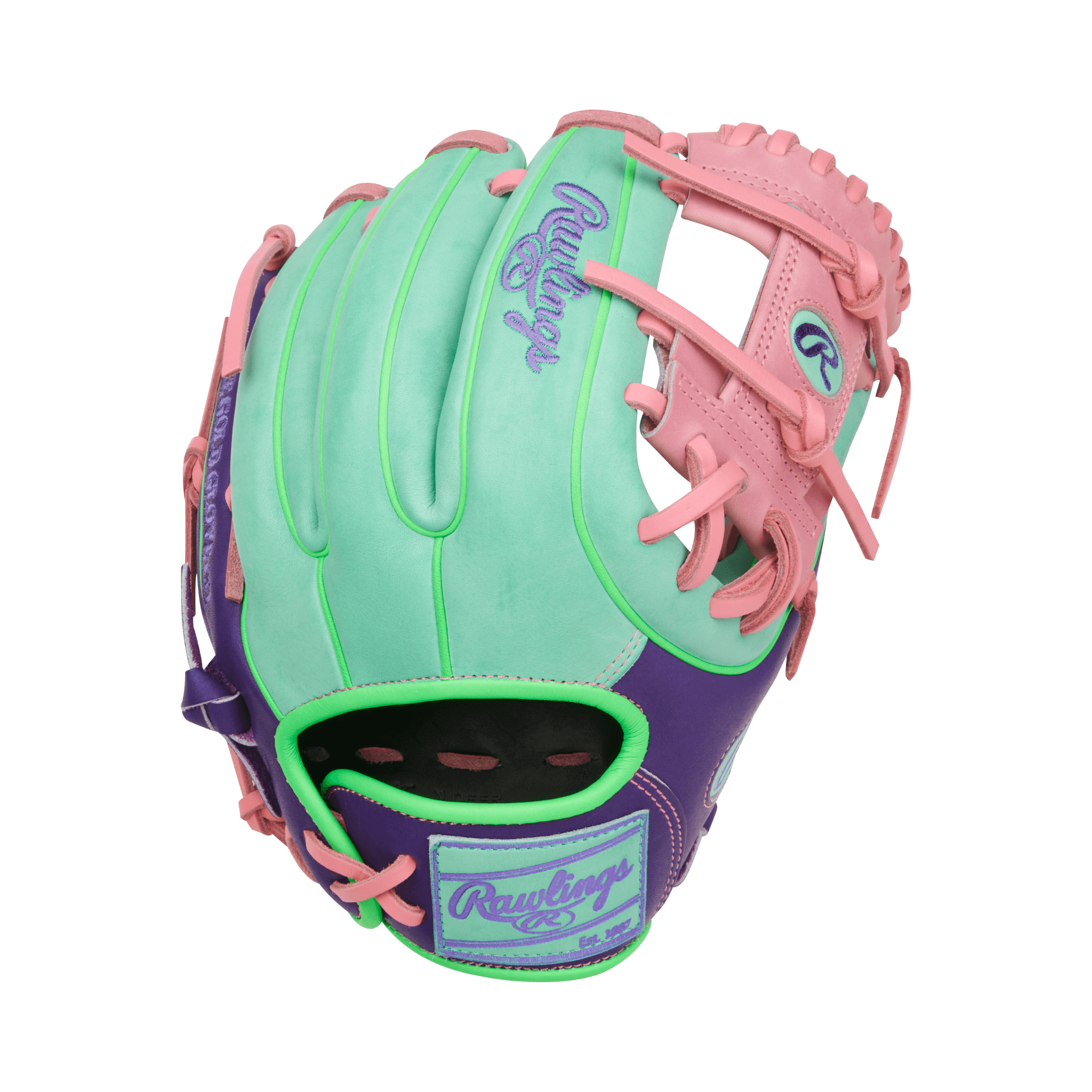 Back of Rawlings HOH 11.5" infield glove featuring Pro I web and bold Mint, Purple, and Pink leather design
