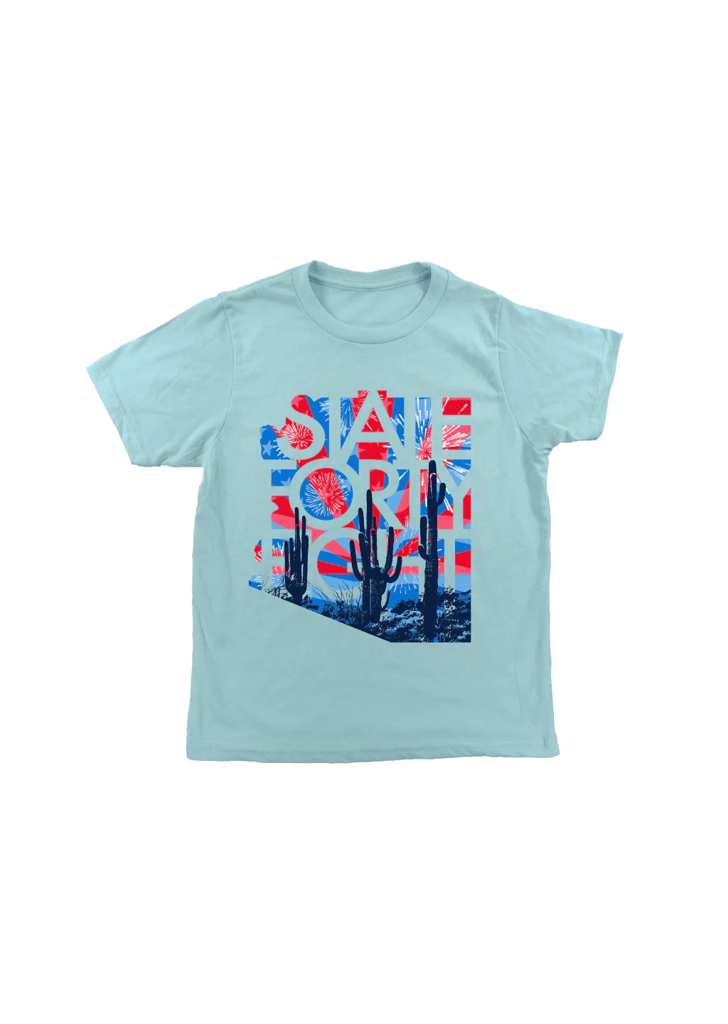 State Forty Eight Youth Crew Neck Independence Day Ice Blue with cactus and Arizona design on chest, front view.