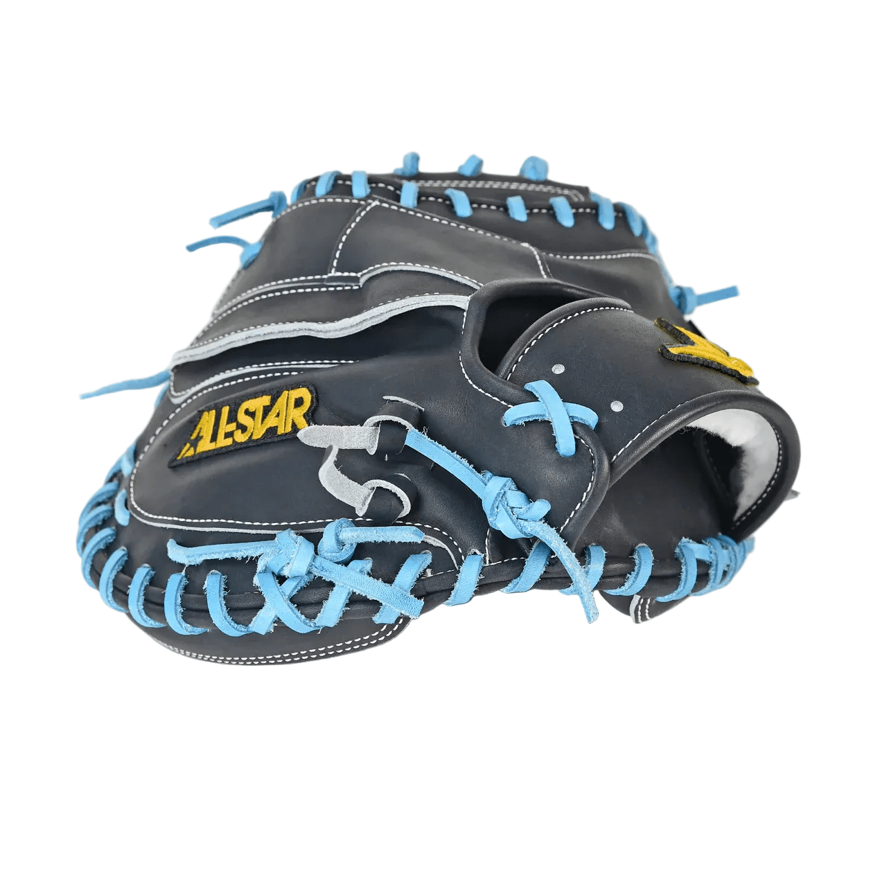 All-Star Pro-Elite Japan 34" Catchers Mitt Open Back Navy/Sky Blue, backhand view, navy leather with sky blue lacing.