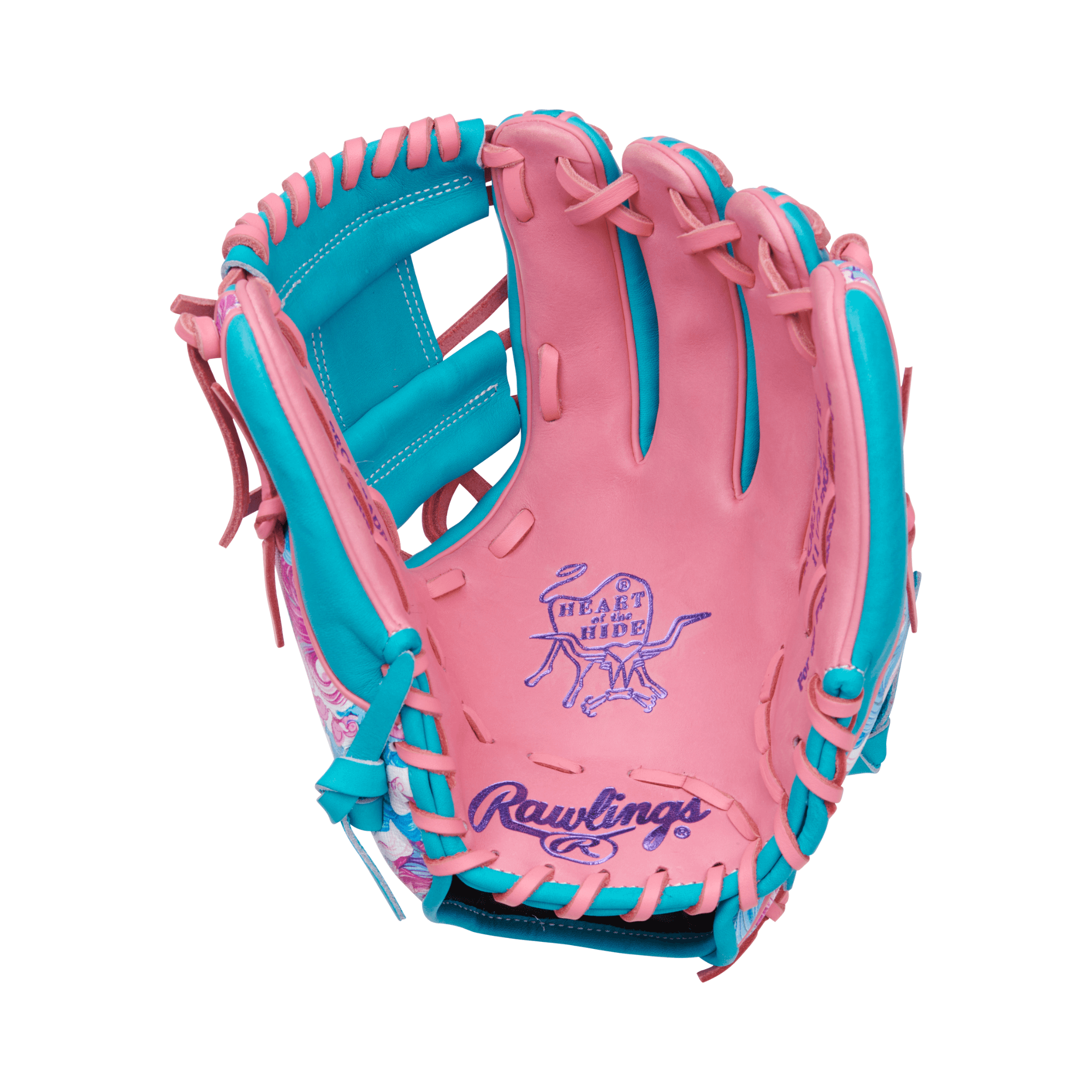 Close-up of the Rawlings PROR314-2PTE glove's front palm, highlighting the Pro I™ web and durable Heart of the Hide leather for superior infield control.